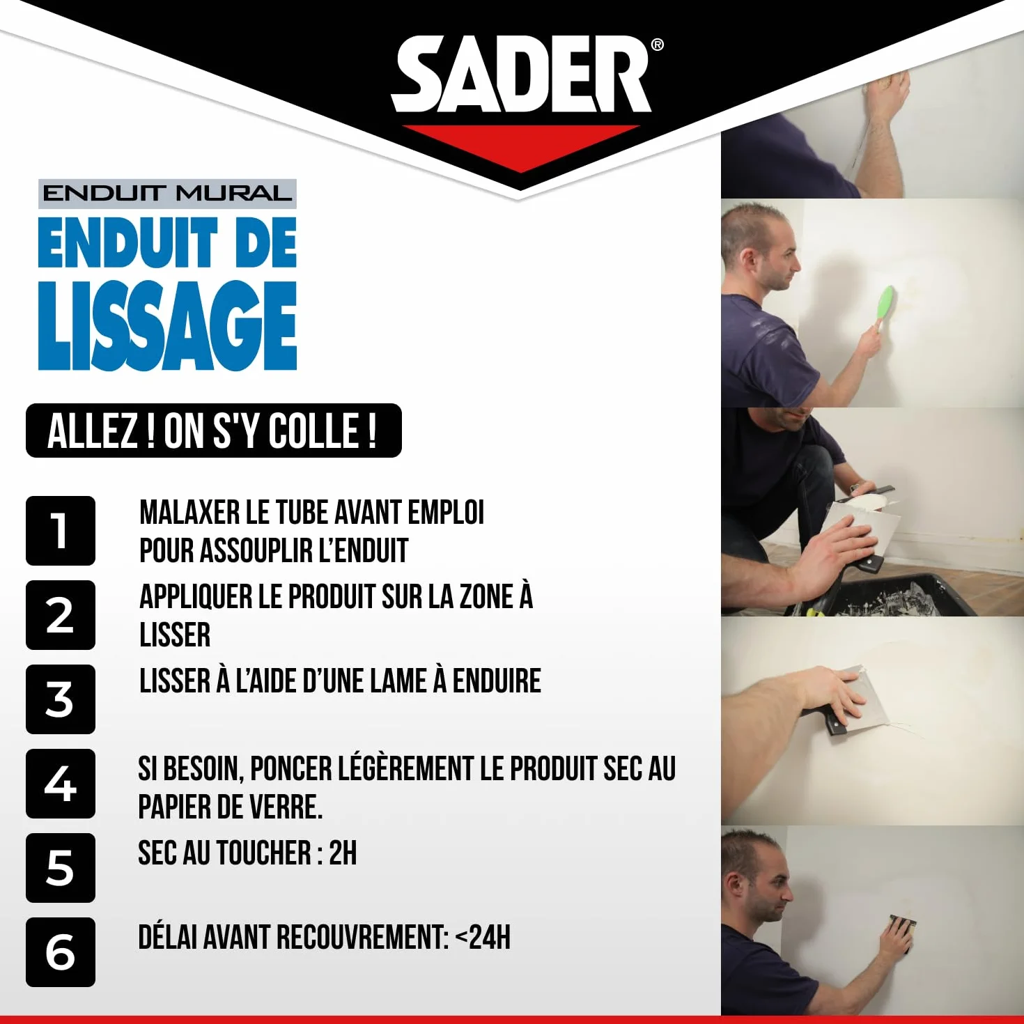 Sader Enduit de Lissage Prêt à l'Emploi en Pâte – Enduit Mur Intérieur et Plafond – Utilisable comme Joint Plaque de Plâtre, Rebouche Trou Jusqu'à 2 mm et Bouche Pore Bois – Blanc – Tube 330 g