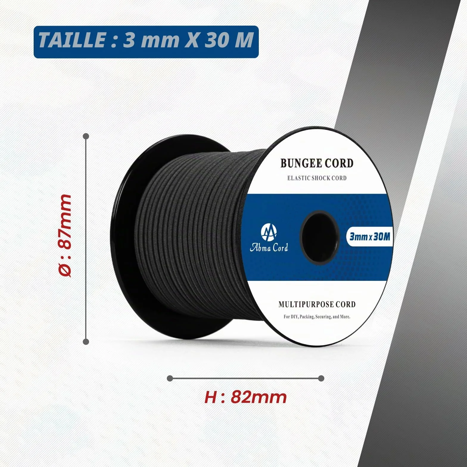 Abma Cord Tendeur Élastique 3mm 30M Corde Elastique Corde en Caoutchouc - Noir