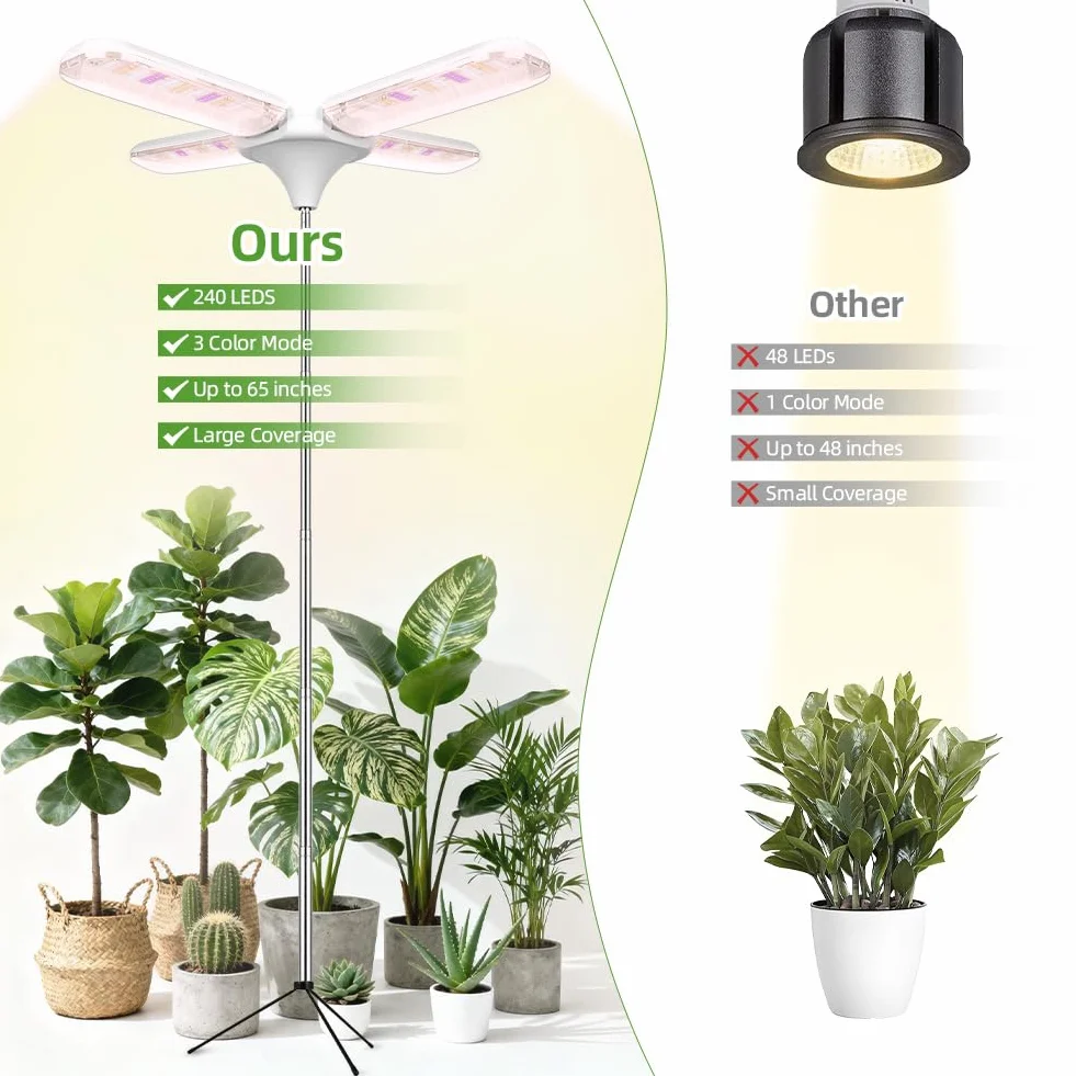 Lampe de Plante 240 LED Lampe de Culture Spectre Complet Hauteur Réglable 35-170cm Style Quatre Feuilles