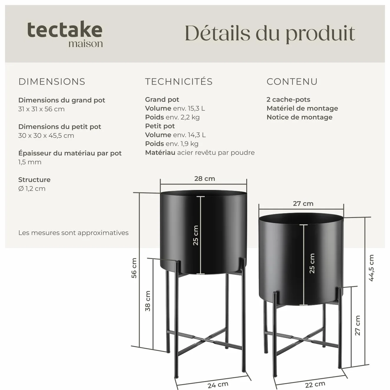 tectake Lot de 2 Support Plantes Intérieur Extérieur Diamètre 25 cm Hauteur 56 cm Acier