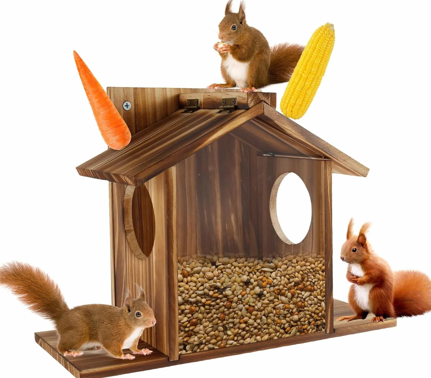 Mangeoire à écureuils en bois avec toit flexible, station d'alimentation extérieure grande capacité