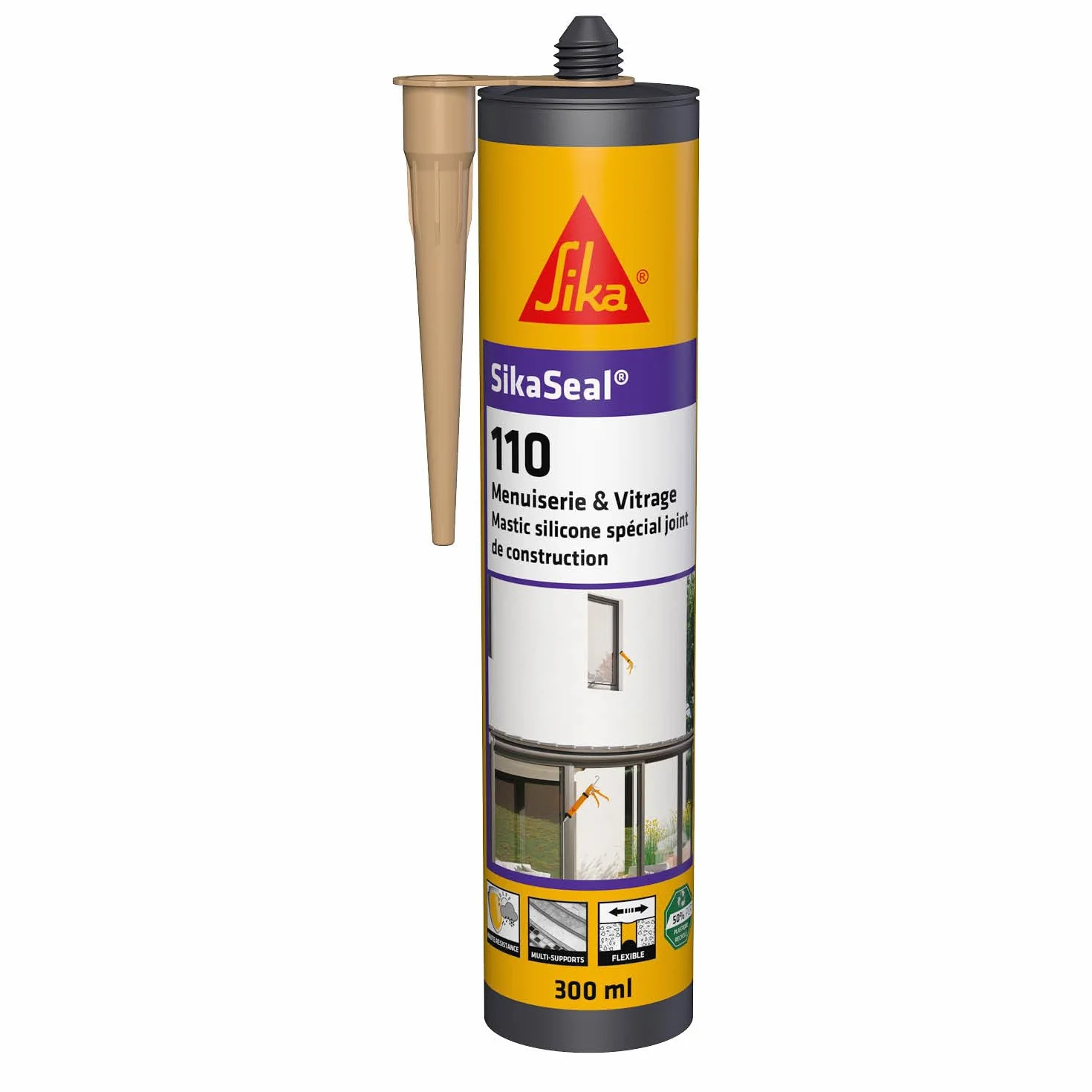 SIKA - Mastic silicone de construction - SikaSeal-110 Menuiserie & Vitrage beige pierre - Joint de menuiserie/vitrage - Extérieur/intérieur - 300 ml