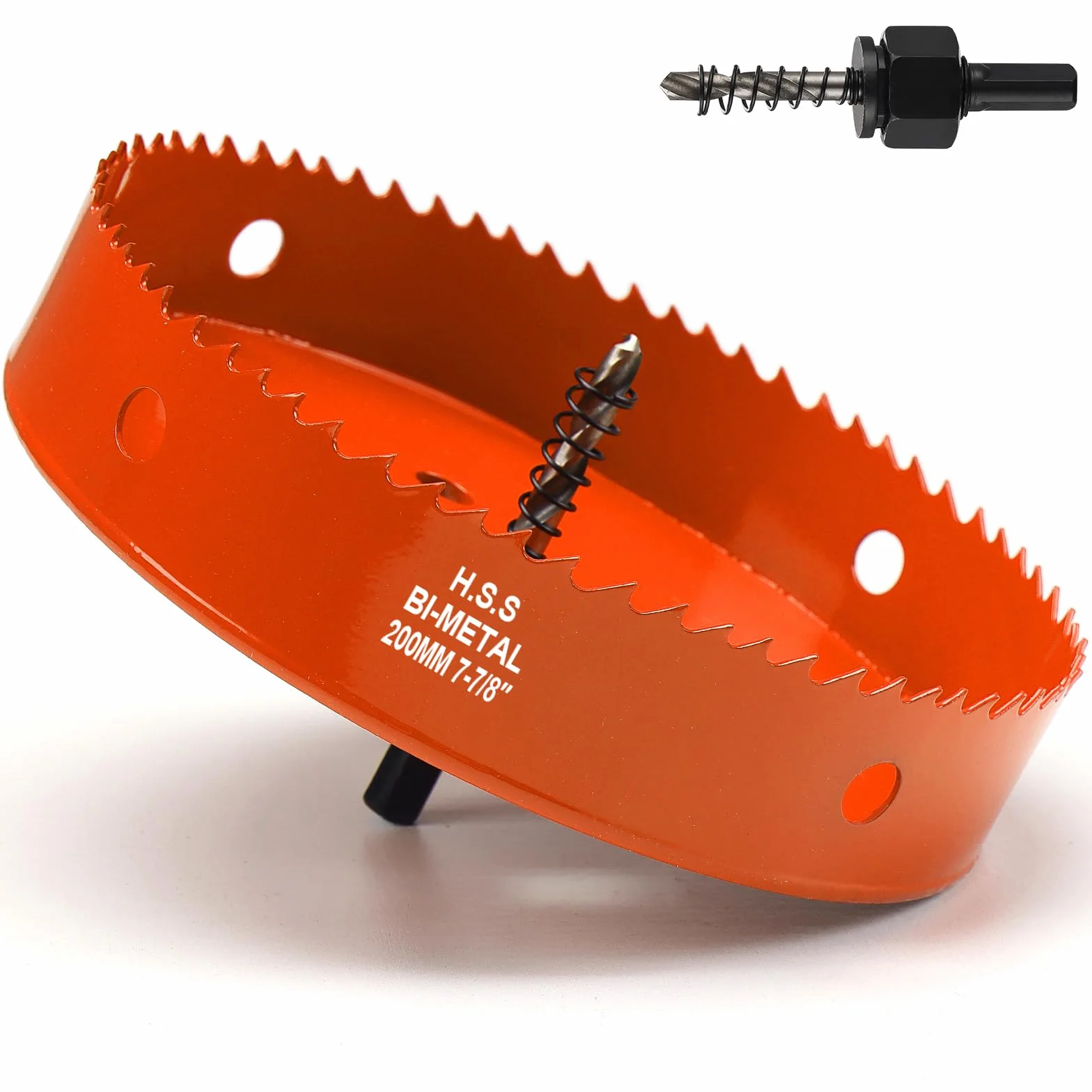 Scie cloche - 200 mm - Orange - Acier rapide HSS M42 bi-métal - Scie cloche avec tige hexagonale et foret avec profondeur de coupe de 35 mm - Pour bois, construction sèche et tôle métallique