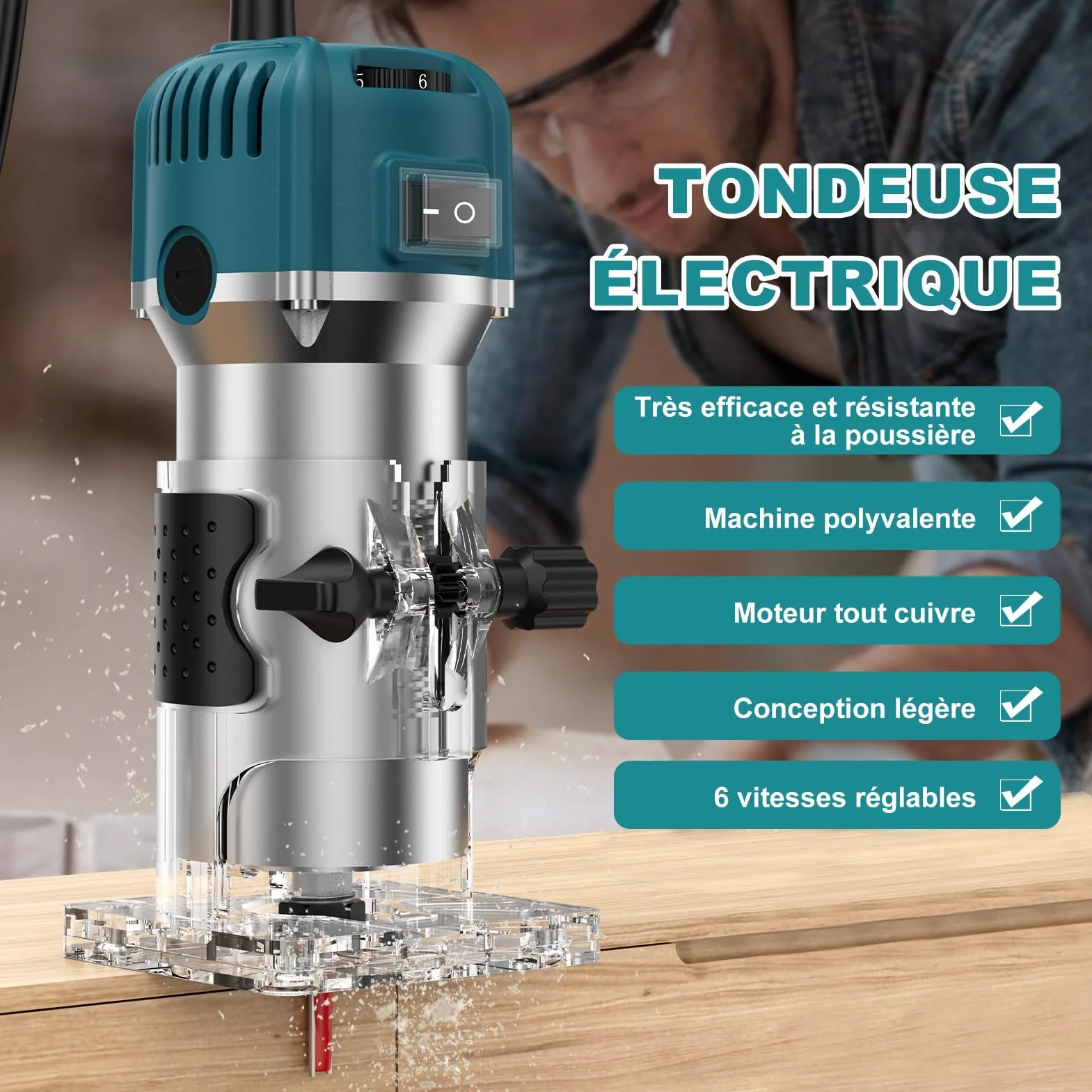 Fraiseuse verticale 800 W, défonceuse électrique pour bois, 30 000 tr/min Fraiseuse électrique à 6 vitesses variables avec 15 fraises à rainurer pour chanfreiner, rainurer, fraiser, poinçonner