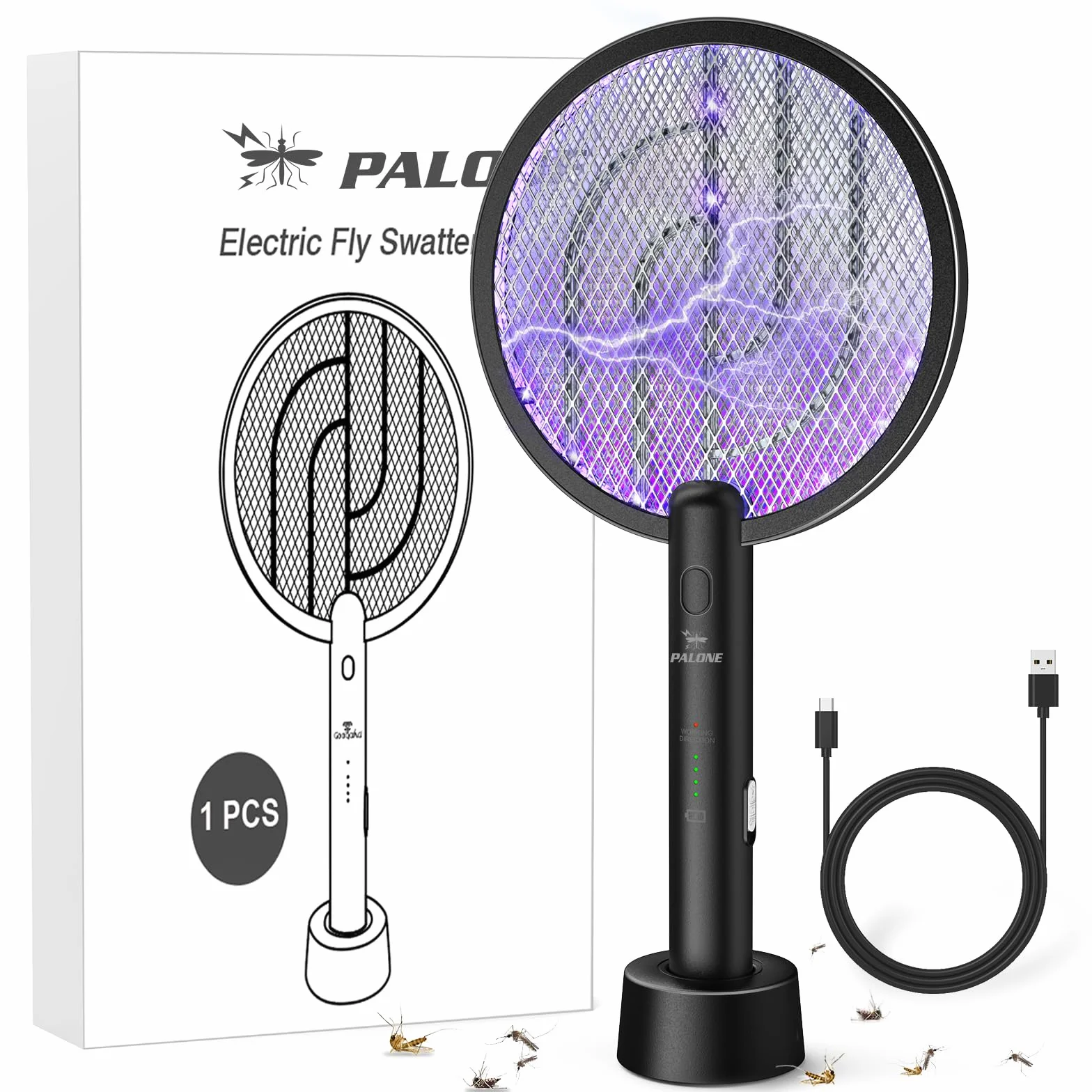 PALONE Raquette Electrique Insectes 4000V Anti Moustiques avec Base de Charge et UV, Tapette à Mouches Haute Efficacité Intérieur Extérieur, Grille Sécurité 3 Couches Noir