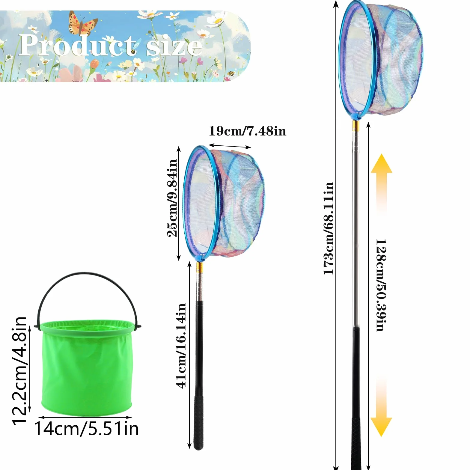 Épuisette Pêche Acier Inoxydable Filet Papillon Rétractable 66-173cm avec Seau Pliant