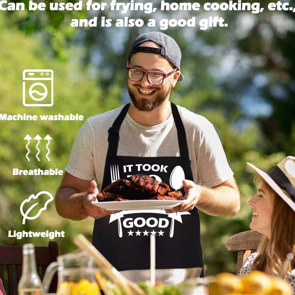 Tablier Cuisine Homme Humour Coton Barbecue Réglable Étanche Noir avec 3 Poches