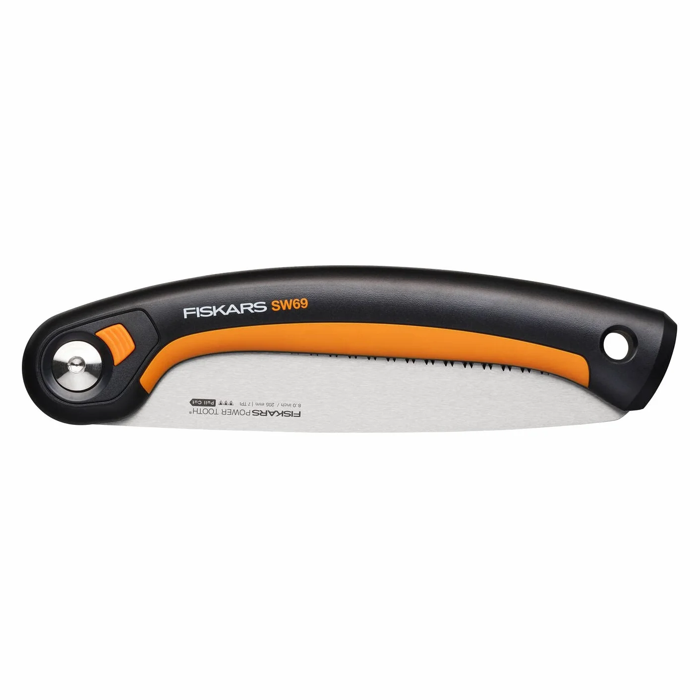 Fiskars Plus Scie Pliaple, pour Troncs et Branches épais, 3 positions de Coupe, Lame Power Tooth tranchante, Denture grossière, Longueur de la lame : 21 cm, Noir/Orange, SW69, 1067553