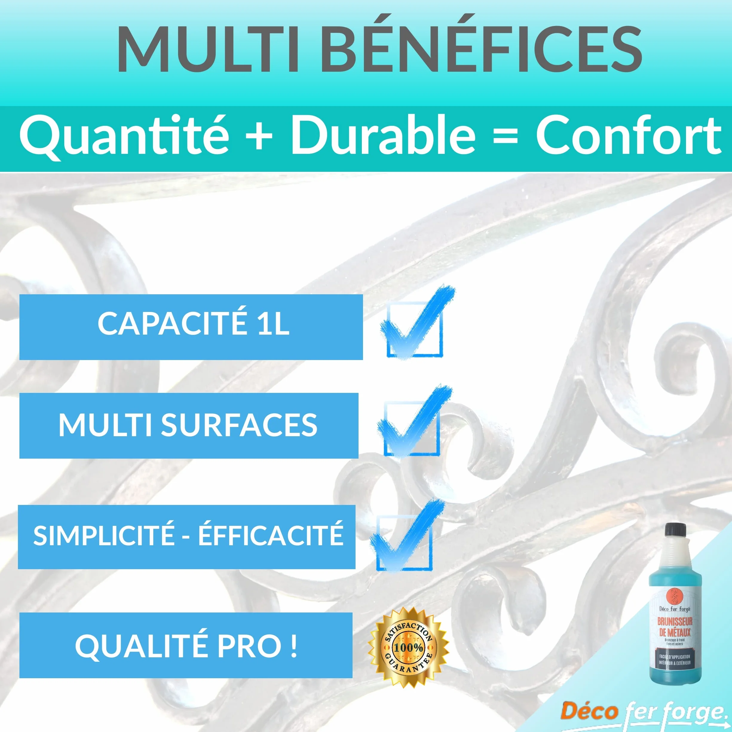 DECO FER FORGE -Brunisseur Metaux -Metal Concentre à Froid Fer Acier Laiton Bronze Cuivre Arme -Brunissage Noir Durable Efficace Rapide Facile Made in France -Grande Quantité 1L de liquide (1000 ml)