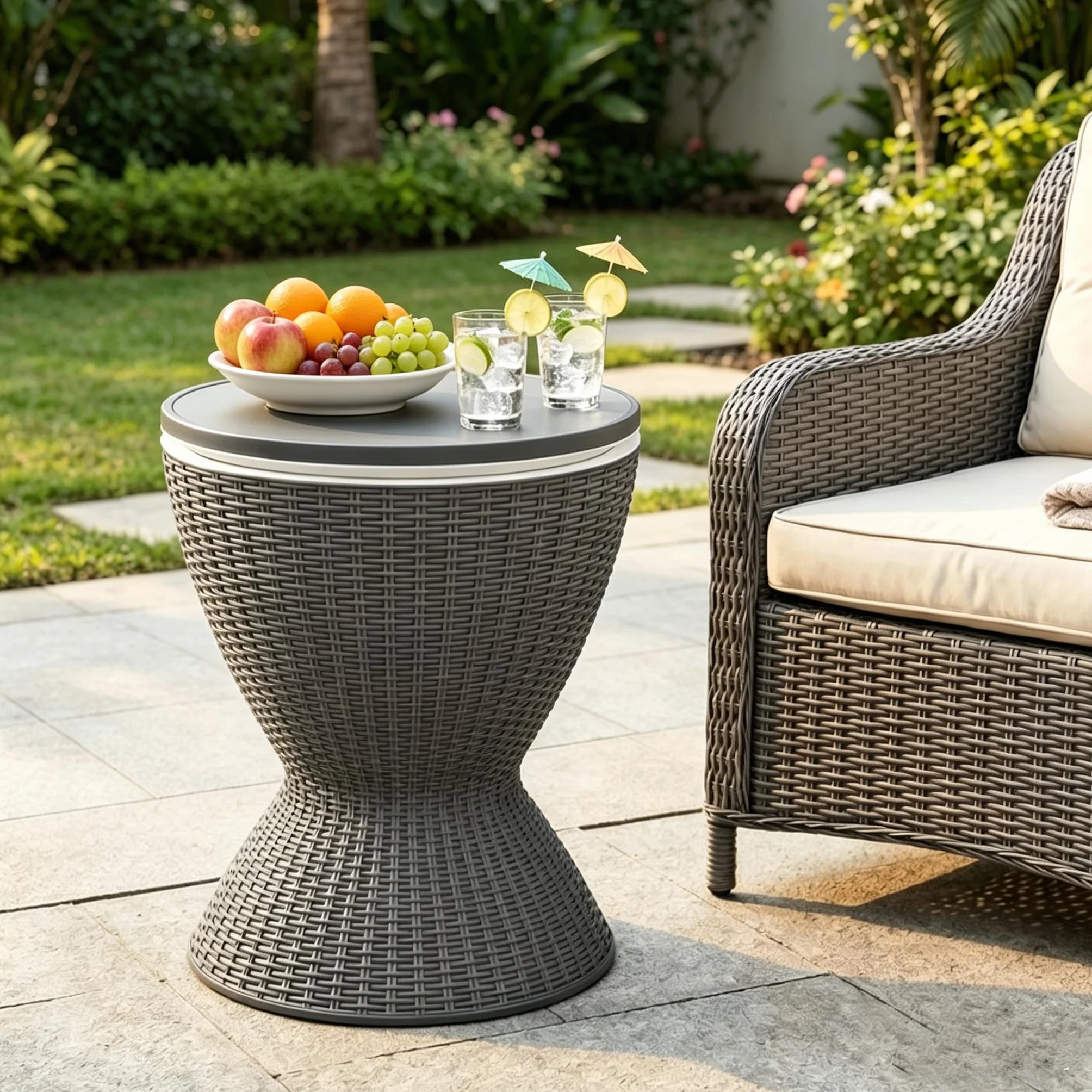 LIFEZEAL Table à Glacière 30 L, Table de Cocktail en Rotin, Table Basse de Jardin avec Bac Réfrigérant, Réglable 2 Hauteurs, 48,5 x 48,5 x 57,5/82 cm