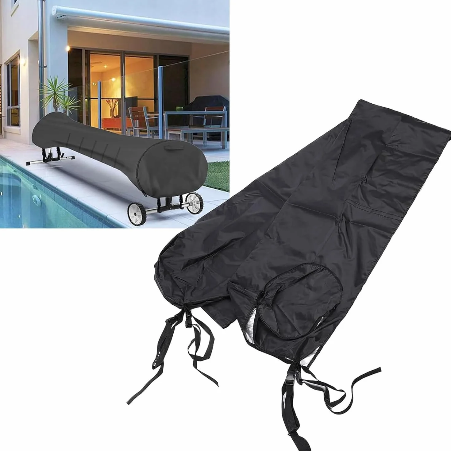 Bâche Protection Piscine 420D Oxford Étanche Anti-UV Anti-Vent 18FT Gris