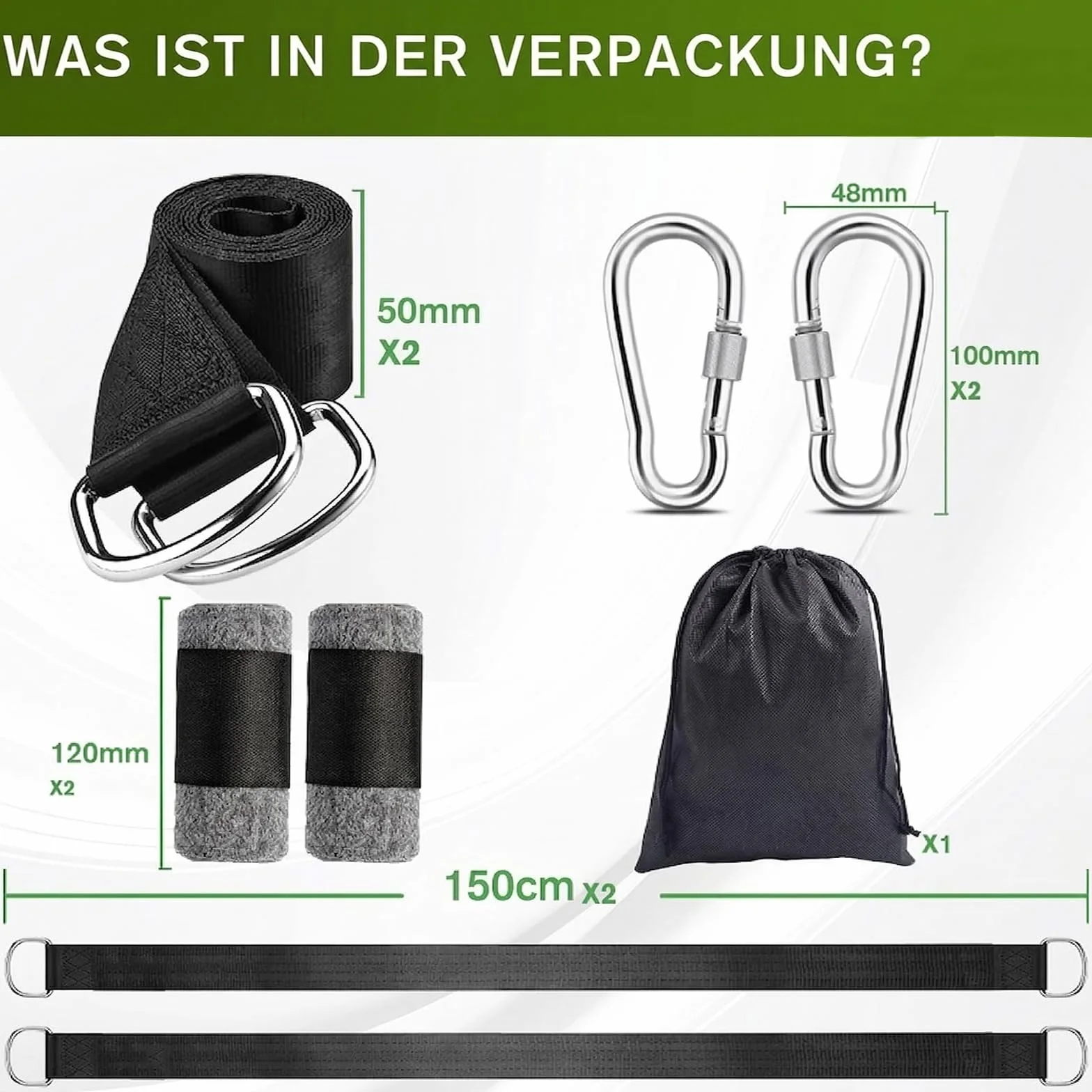 Kit de fixation pour balançoire et hamac 900 kg 2 pièces sangles 150 cm anneaux D mousquetons protections arbres sac rangement