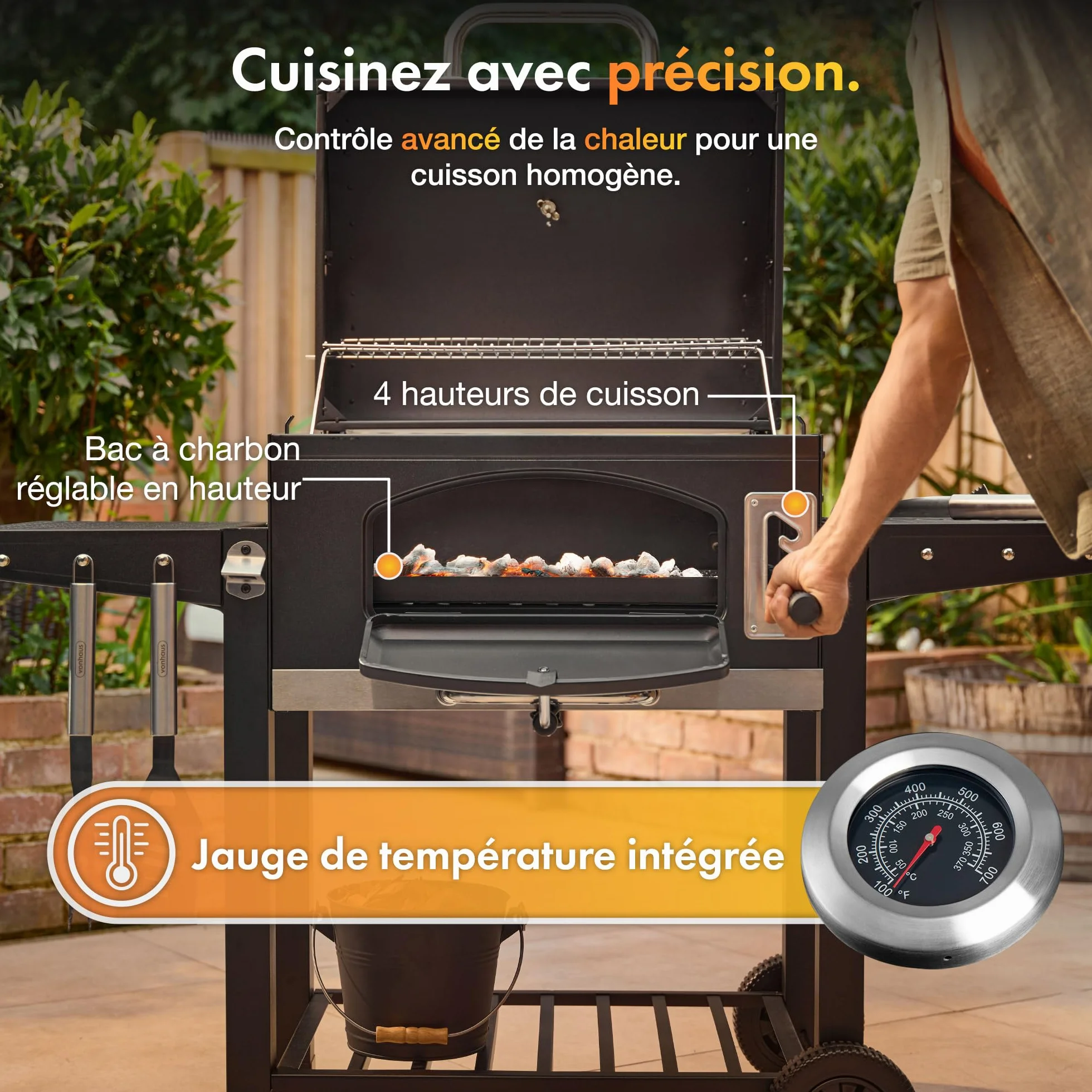 VonHaus Barbecue au Charbon XL avec Grille de Maintien au Chaud et Tablettes Rabattables – Grill et Fumoir 2-en-1