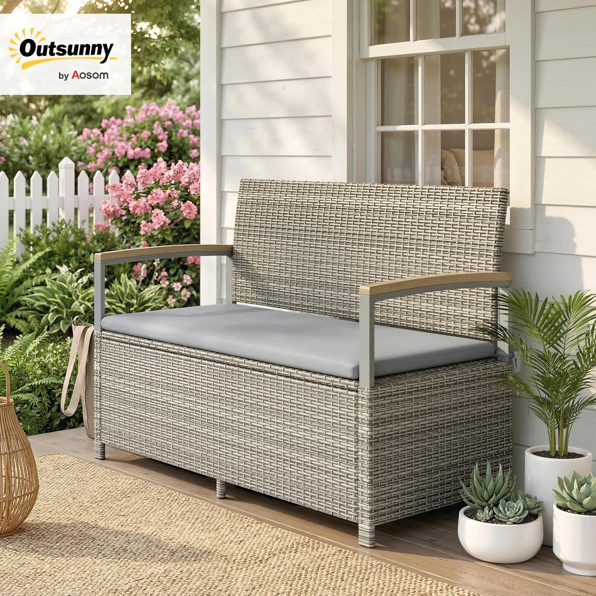 Banc de Jardin avec Coffre de Rangement 170L Outsunny Banquette 2 Places Résine Tressée Coussin Déhoussable Accoudoirs Bois d'Acacia Vérin à Gaz Gris