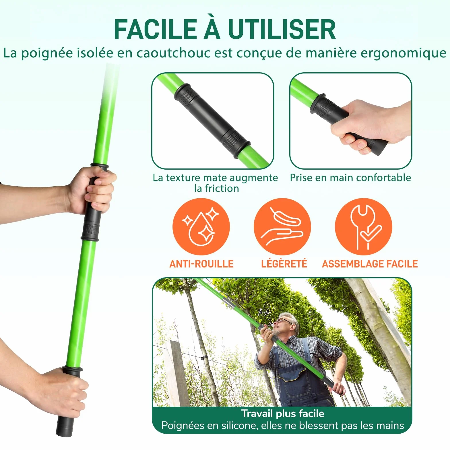LEADZM Scie à Élaguer Télescopique 2-8 m, avec 8 Poteaux Fibre de Verre - Coupe branche telescopique pour Élagage Palmiers Arbustes, vert
