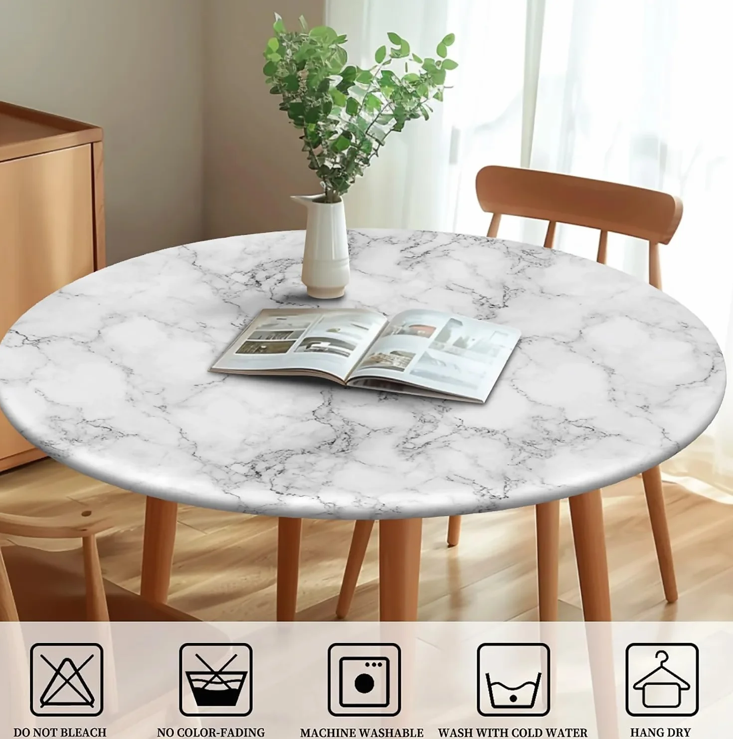 Nappe Ronde d'extérieur 90 cm (36 Pouces) imperméable extensible avec Bande élastique - Marbre Blanc