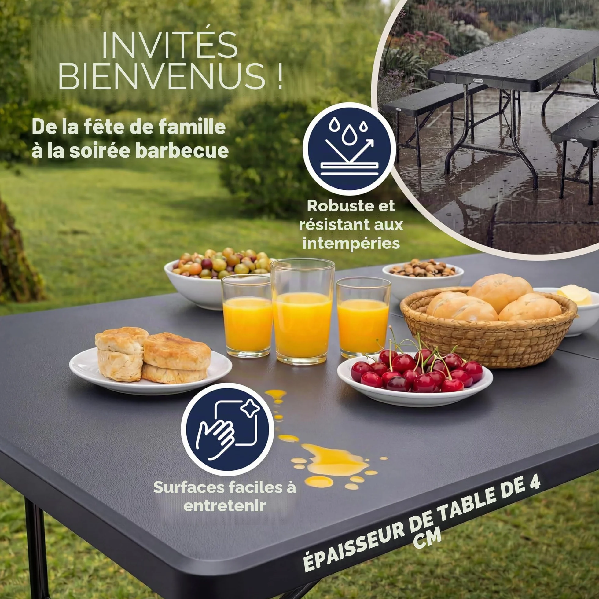 CASARIA Ensemble Table Pliante et 2 Bancs 180 cm Table de Jardin 8 Personnes