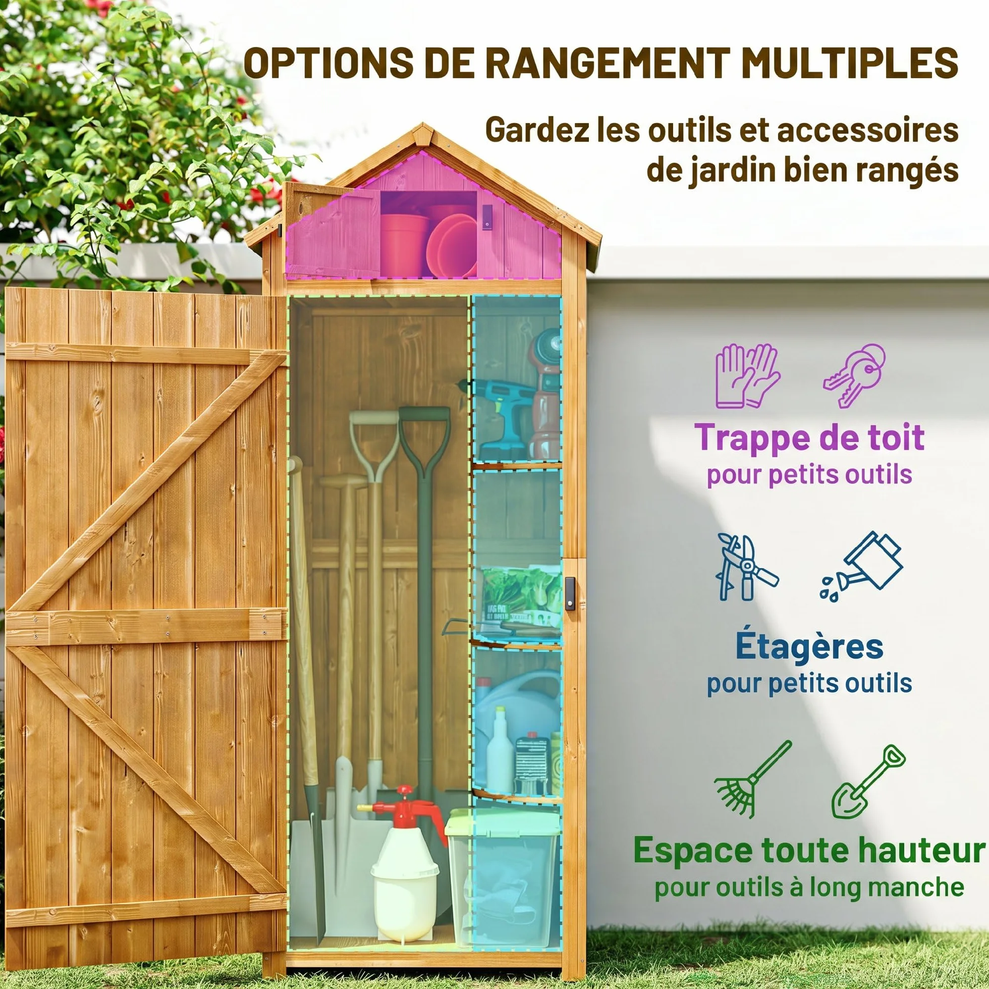 Outsunny Armoire de Jardin Bois 3 étagères 2 Portes 77x54x179 cm Jaune