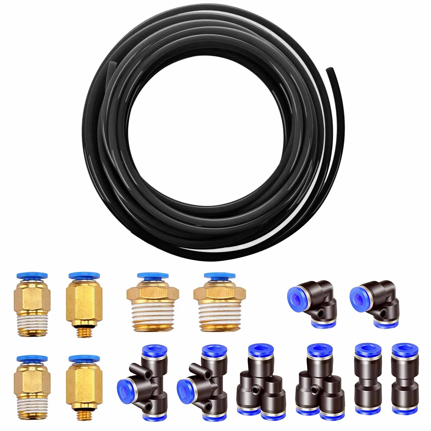 HUAZIZ 10m PolyuréthaneTuyau Pneumatique 6mm Noir, PU Tuyau Air, avec 14 Connecteur Pneumatique 4mm (2 Droits, 2 Coudes, 2 Raccords en T, 2 Séparateurs en Y, 6 Raccords Filetés Mâle)