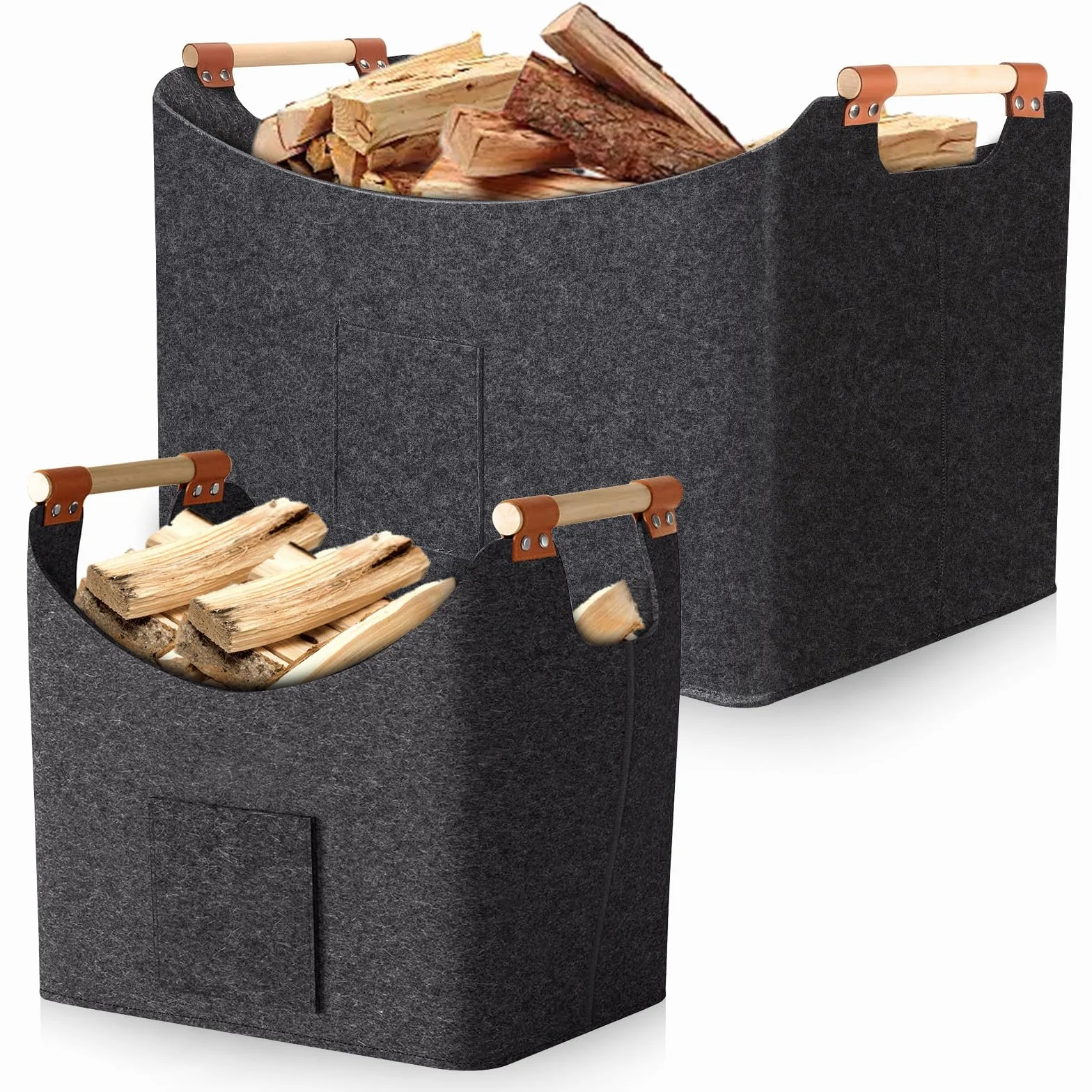 Panier à Bois de Chauffage 2 Pièces 67L & 96L – Panier en Feutre Pliable 50×32×40 cm & 60×40×40 cm