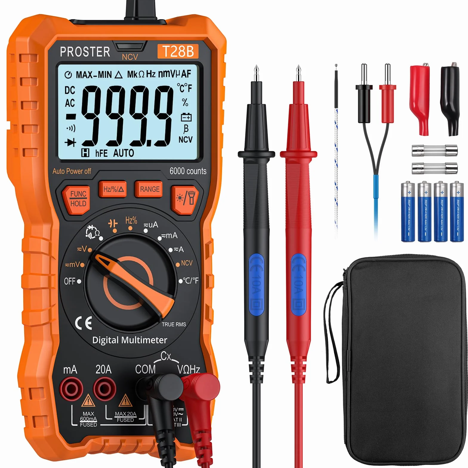 Proster Multimètre Automatique 6000 Comptes TRMS 1000V 20A - Testeur Électrique NCV Numérique Magnétique avec Température Capacité Fréquence, Multimetre Professionnel pour Électricien Bricolage Maison