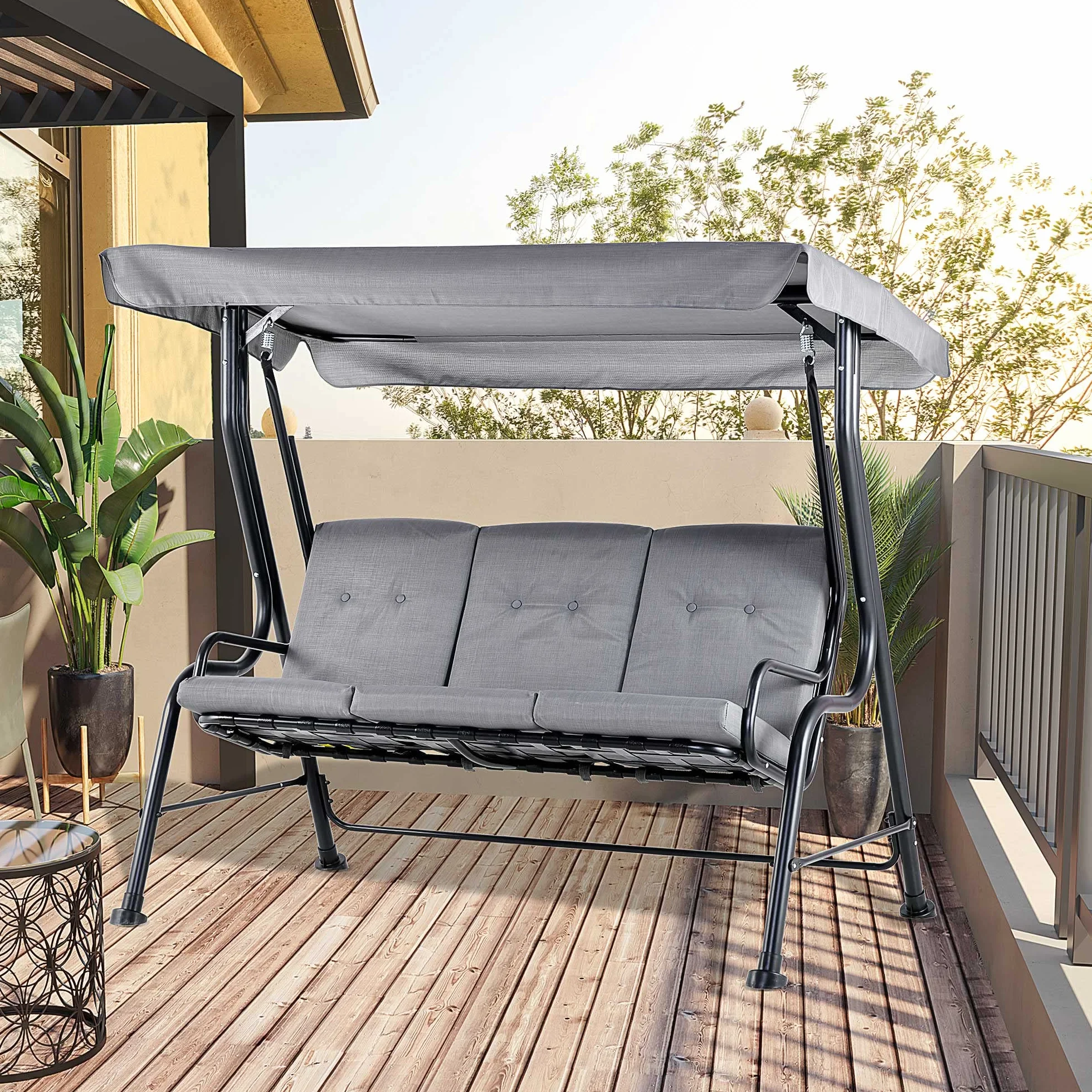 Outsunny Balancelle de Jardin 3 Places Grand Confort Toit Inclinaison réglable Coussins Amovibles Polyester Acier Gris