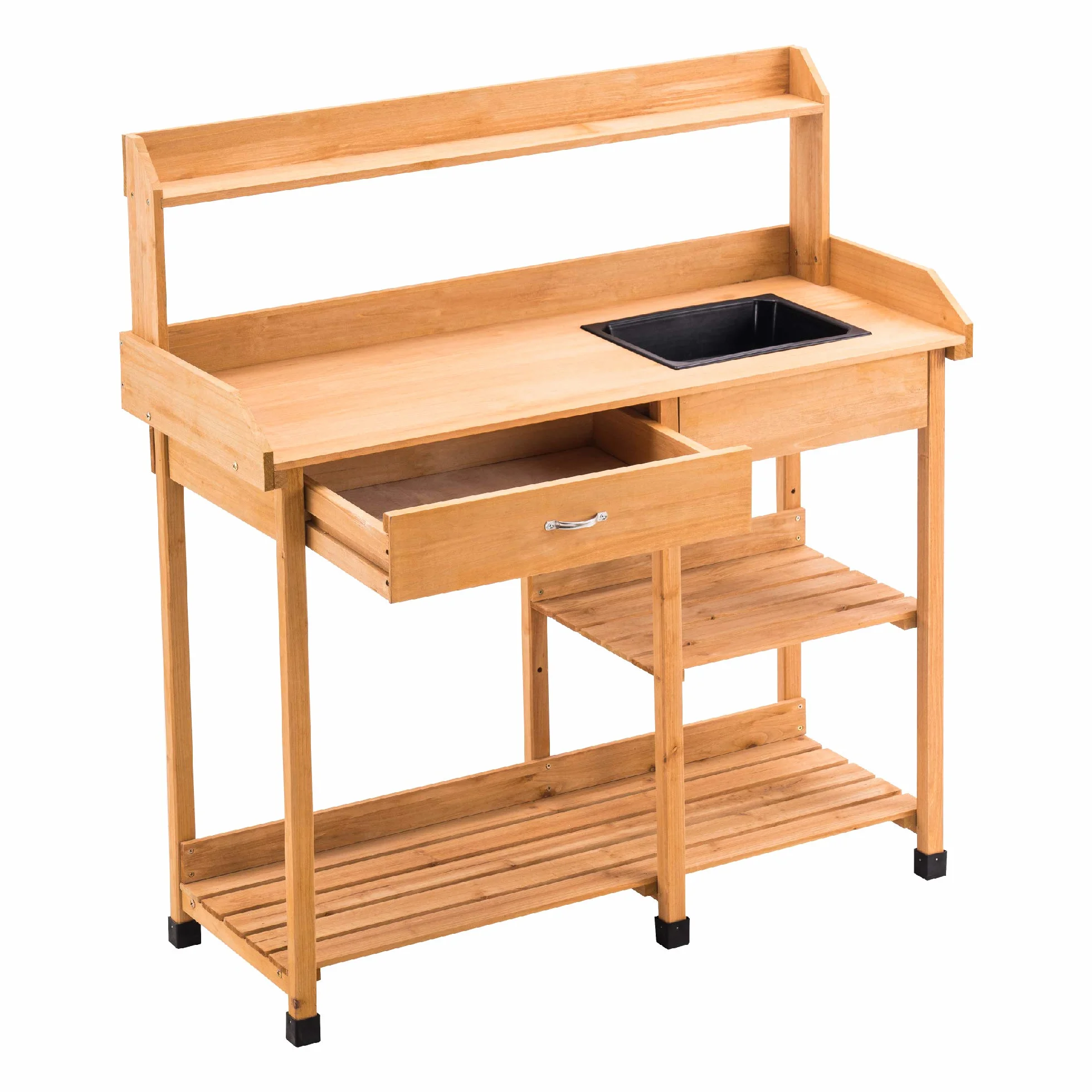 MCombo 0458 Table de Jardinage avec lavabo tiroir étagère Bois résistant intempéries 115x45x121 cm Naturel