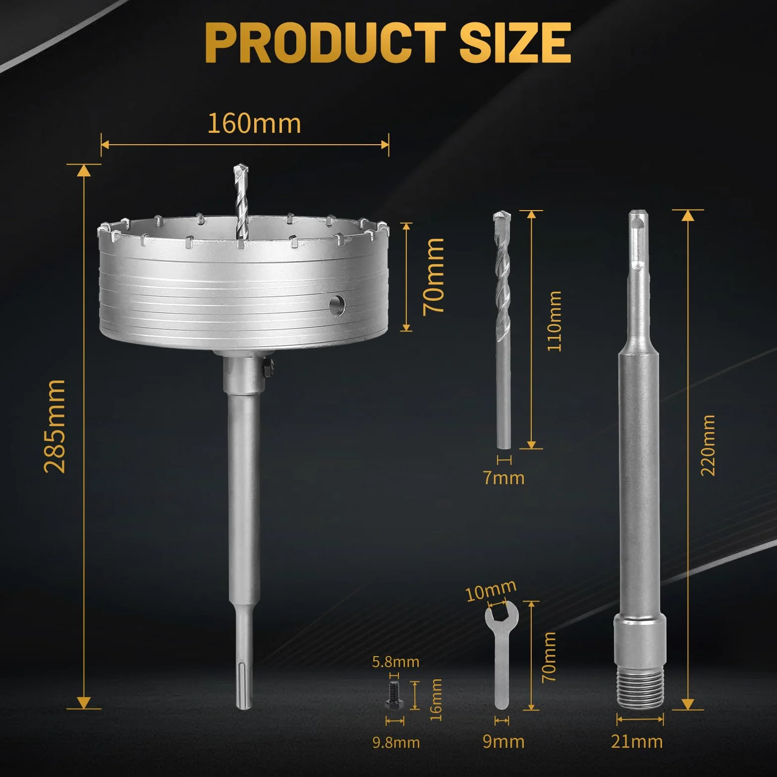 EXLECO Scie Cloche Beton 160mm Carotteuse à Sec Scie Trépan Béton Carotteuse Trépan Beton Scie à Cloche Trépan avec 220mm Adaptateur SDS Plus 3 Foret de Centrage, Trépan Couronne pour Ciment Brique