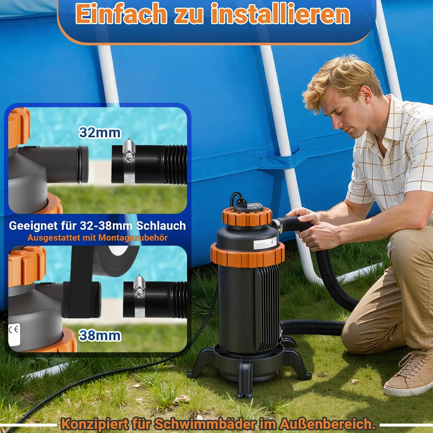 Chauffage électrique de piscine 3 kW affichage numérique protection sécurité 4 positions raccord 32-38 mm