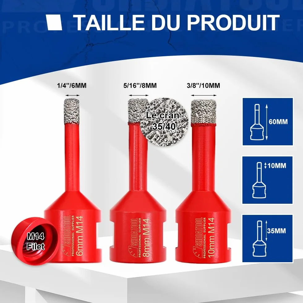 SHDIATOOL Forets Diamant Brasé Sous Vide 6mm/8mm/10mm Trépans M14 Perçage à sec Porcelaine Carrelage Granit Marbre