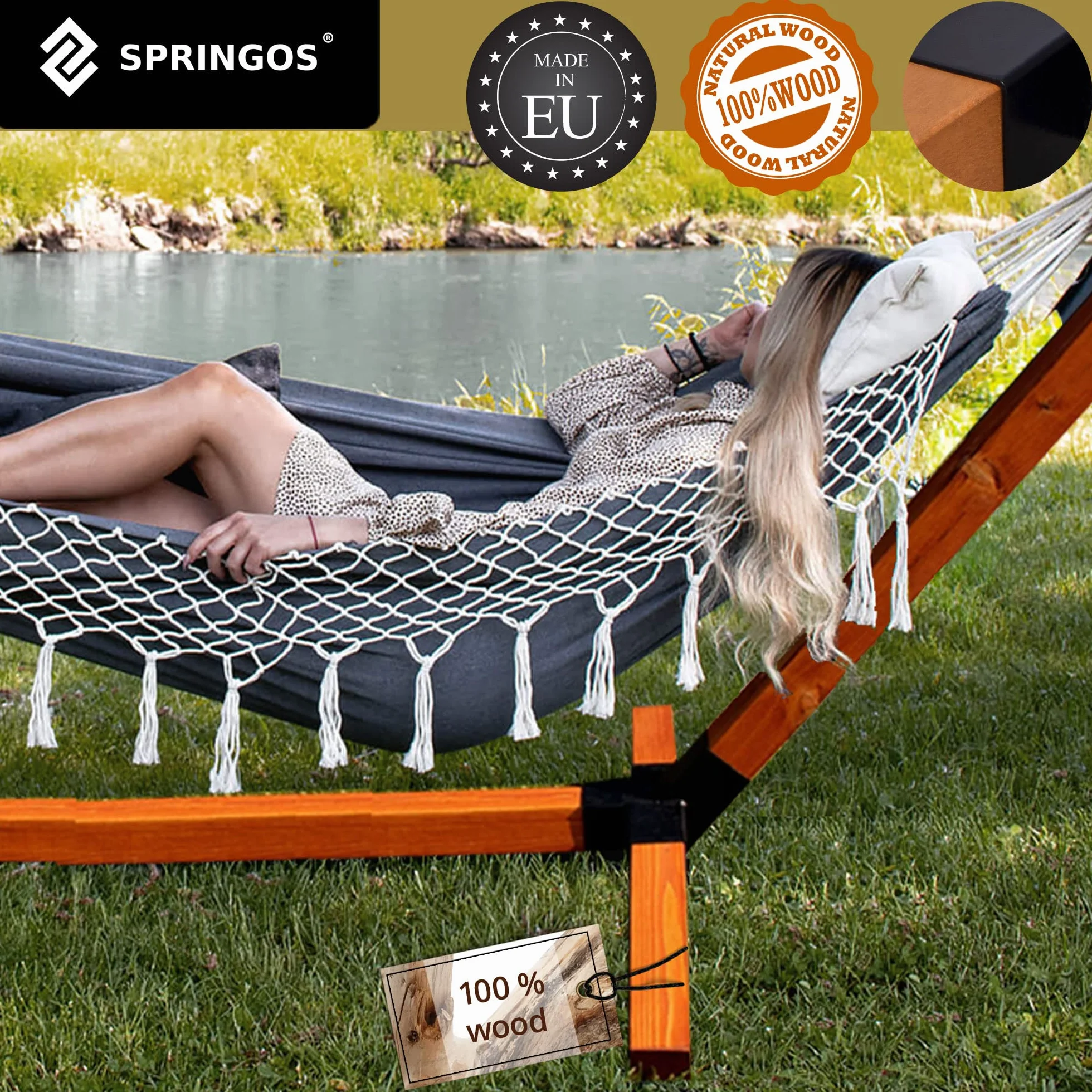 Support de hamac SPRINGOS 85 x 295 cm Bois Massif Charge Max. 150 kg