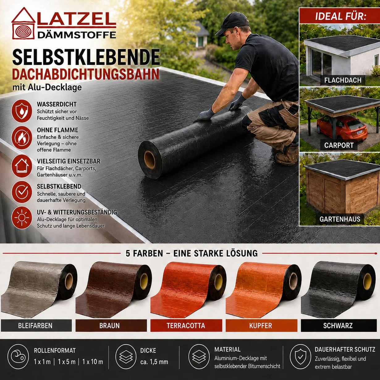 Membrane d'étanchéité en bitume élastomère avec revêtement aluminium coloré 10 m2. Format autocollant 1 x 10 m de peinture au noir de coleur