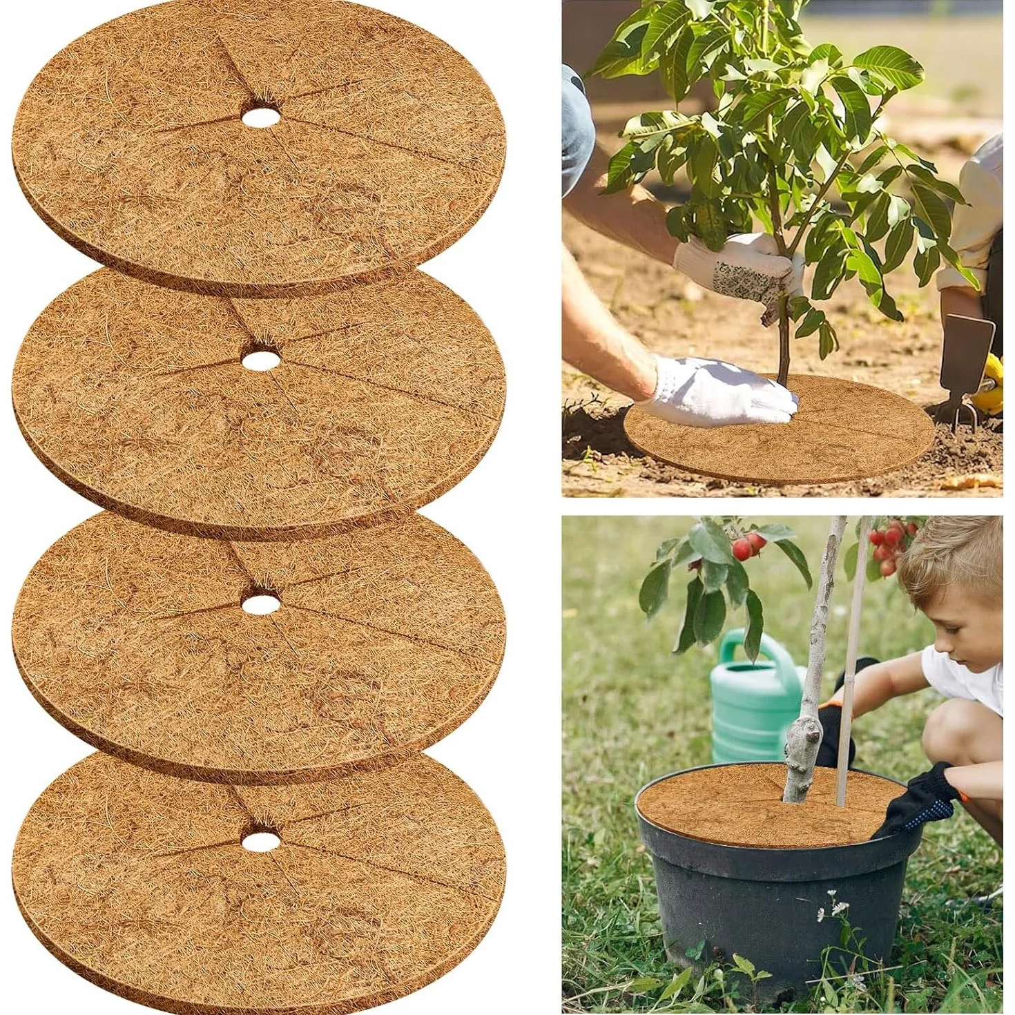 Disque de Paillage 30cm Coco 4pcs Fibre de Coco Respirante pour Plantes en Pot Jardin