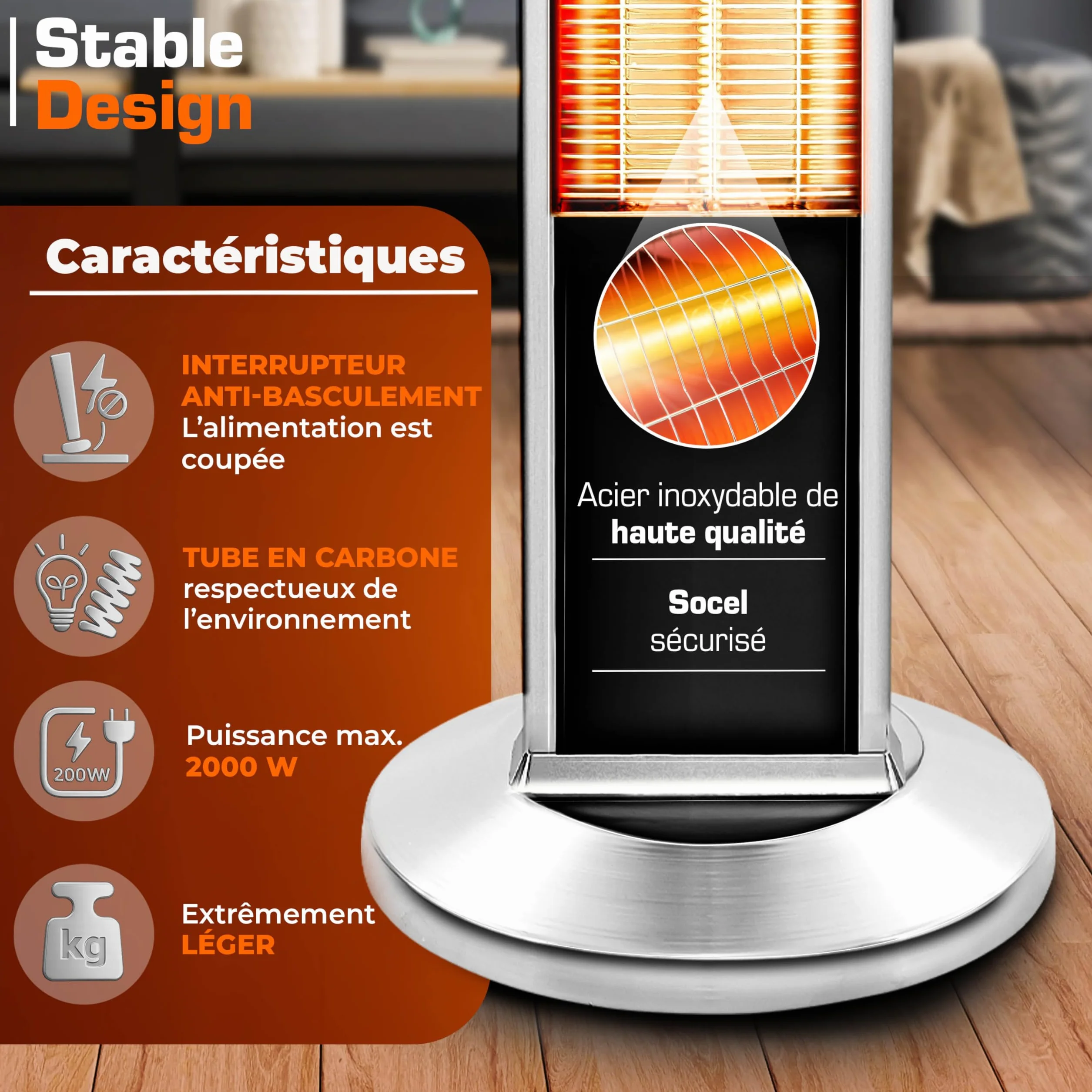 TRESKO Radiateur infrarouge sur pied 2000W | Chauffage radiant électrique intérieur extérieur avec télécommande