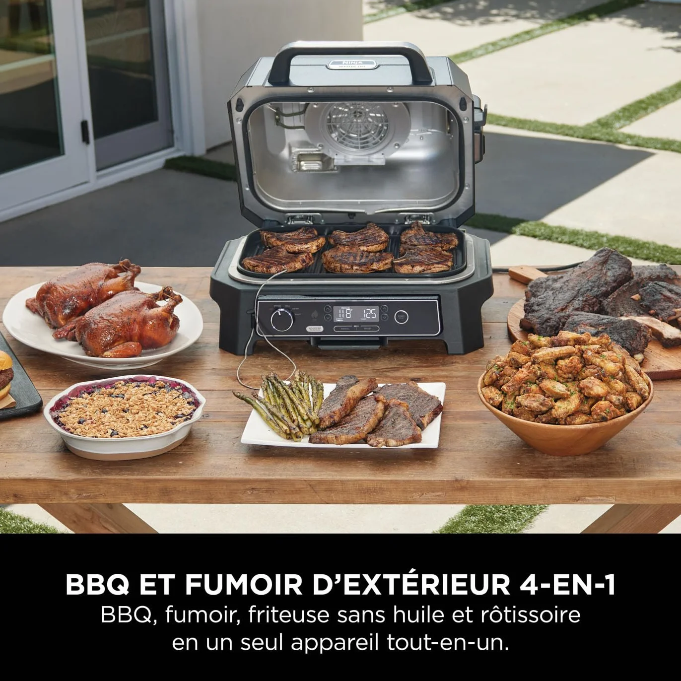 Ninja Woodfire Barbecue électrique et fumoir Pro XL 4-en-1 avec thermomètre, Air fryer d'extérieur, Smart Cook, granulés Woodfire, portatif, gris/noir OG850EU