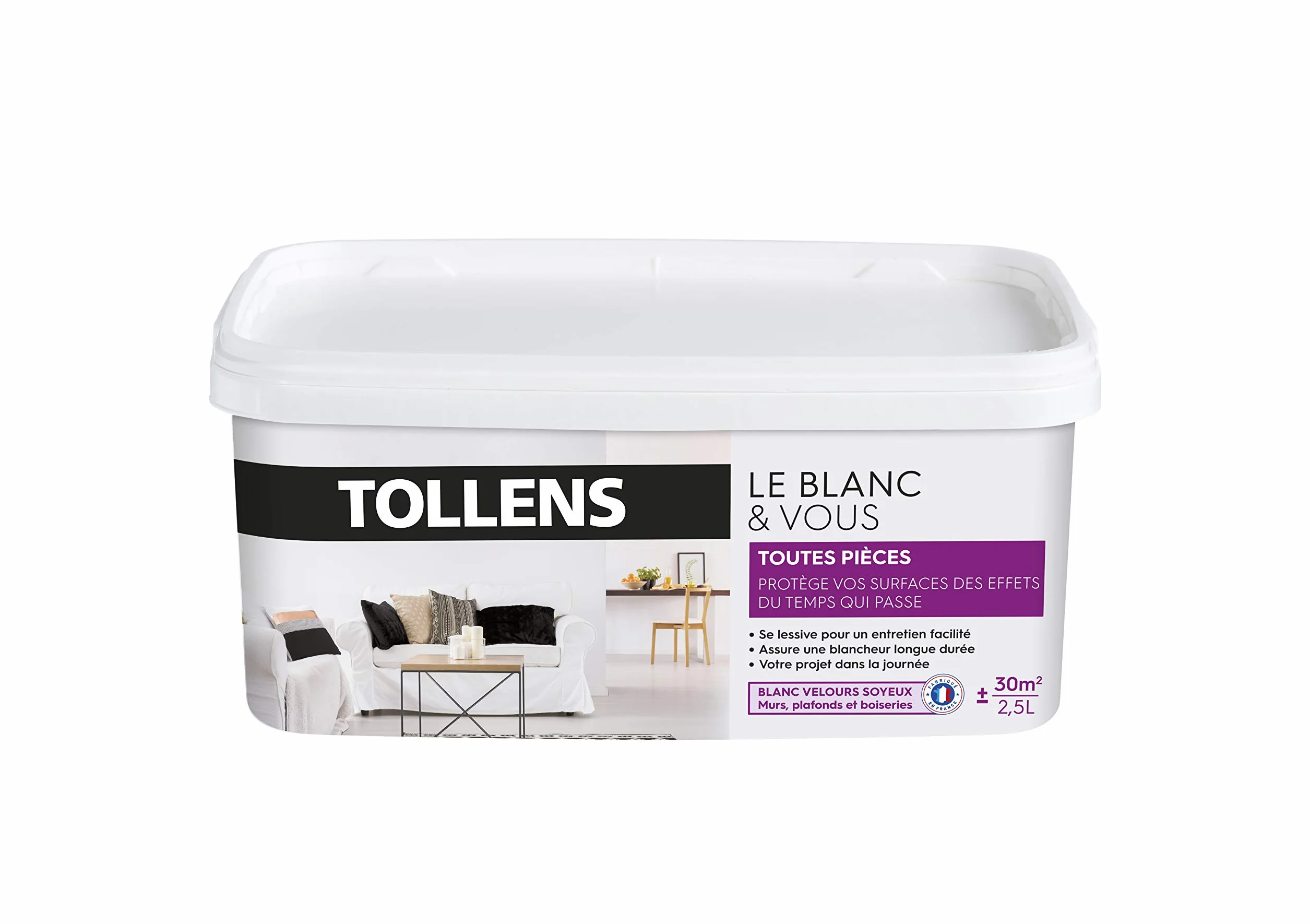 Tollens - Peinture Blanche Velours - Toutes Pièces - Pour Murs, Plafonds et Boiseries - Opacité Renforcée - Séchage Rapide - Lessivable - Fabriqué en France - Blanc - 2,5L = 30m2