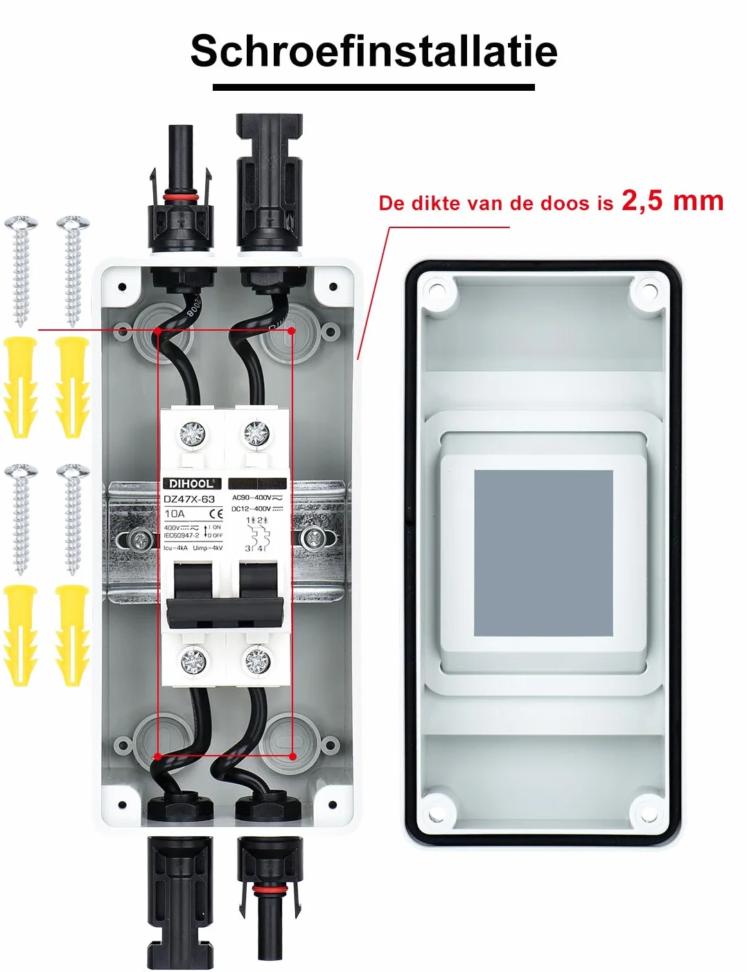 DIHOOL DC disjoncteur système photovoltaïque disjoncteur fusible automatique 2 pôles 10A avec câble prise solaire ip65 boîtier étanche