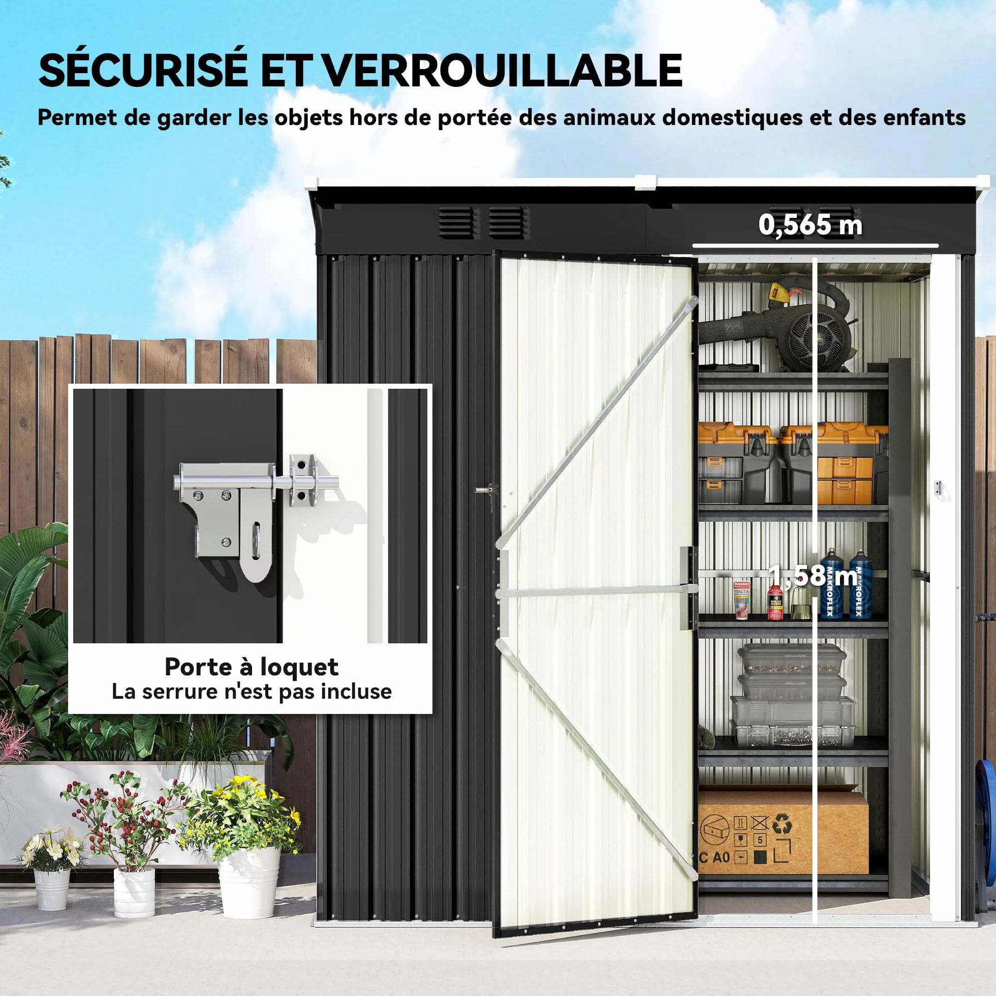 Outsunny Abri de Jardin en Métal 1,37m² 163x90x179cm Acier Galvanisé Armoire de Jardin Adossable 2 Grilles d'Aération Toit Incliné Anti-UV Cabanon de Stockage Outils Gris Foncé