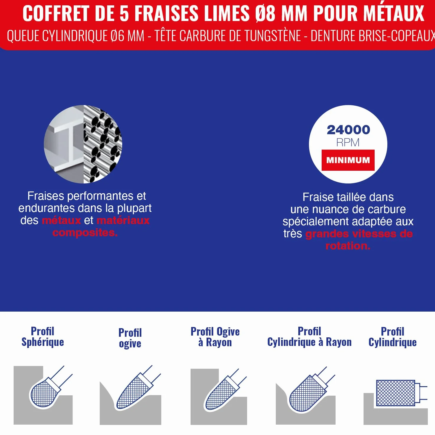 TIVOLY - Coffret de 5 Fraises Limes Ø8 mm pour Métaux - Queue Cylindrique Ø6 mm - Tête Carbure de Tungstène - Denture Brise-Copeaux