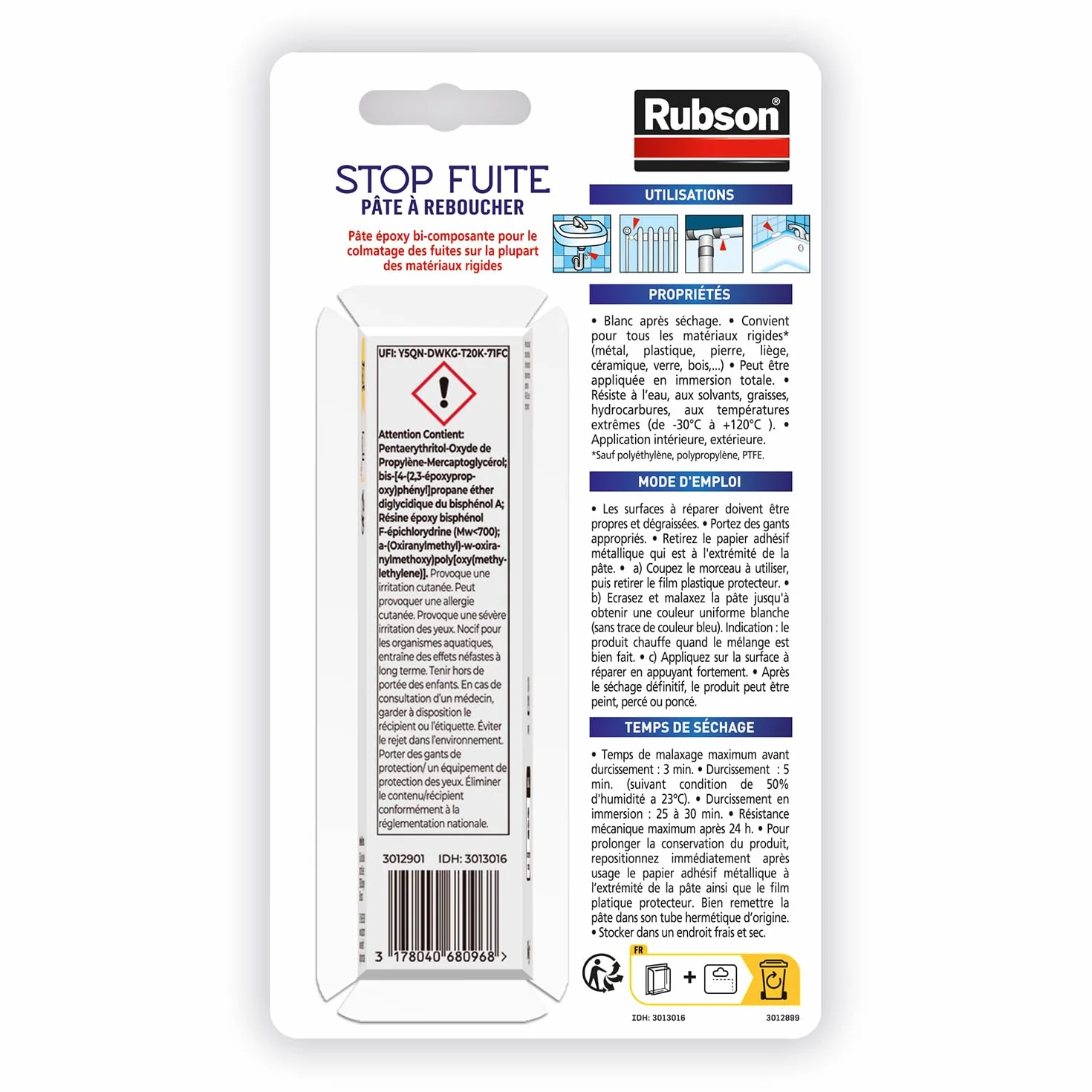 Rubson | Pâte à Reboucher Stop Fuite (bâton de 64 g) – Pâte époxy bi-composante pour réparer, colmater & reboucher tous matériaux – Auto-durcissante et résistante à l'eau et températures extrêmes
