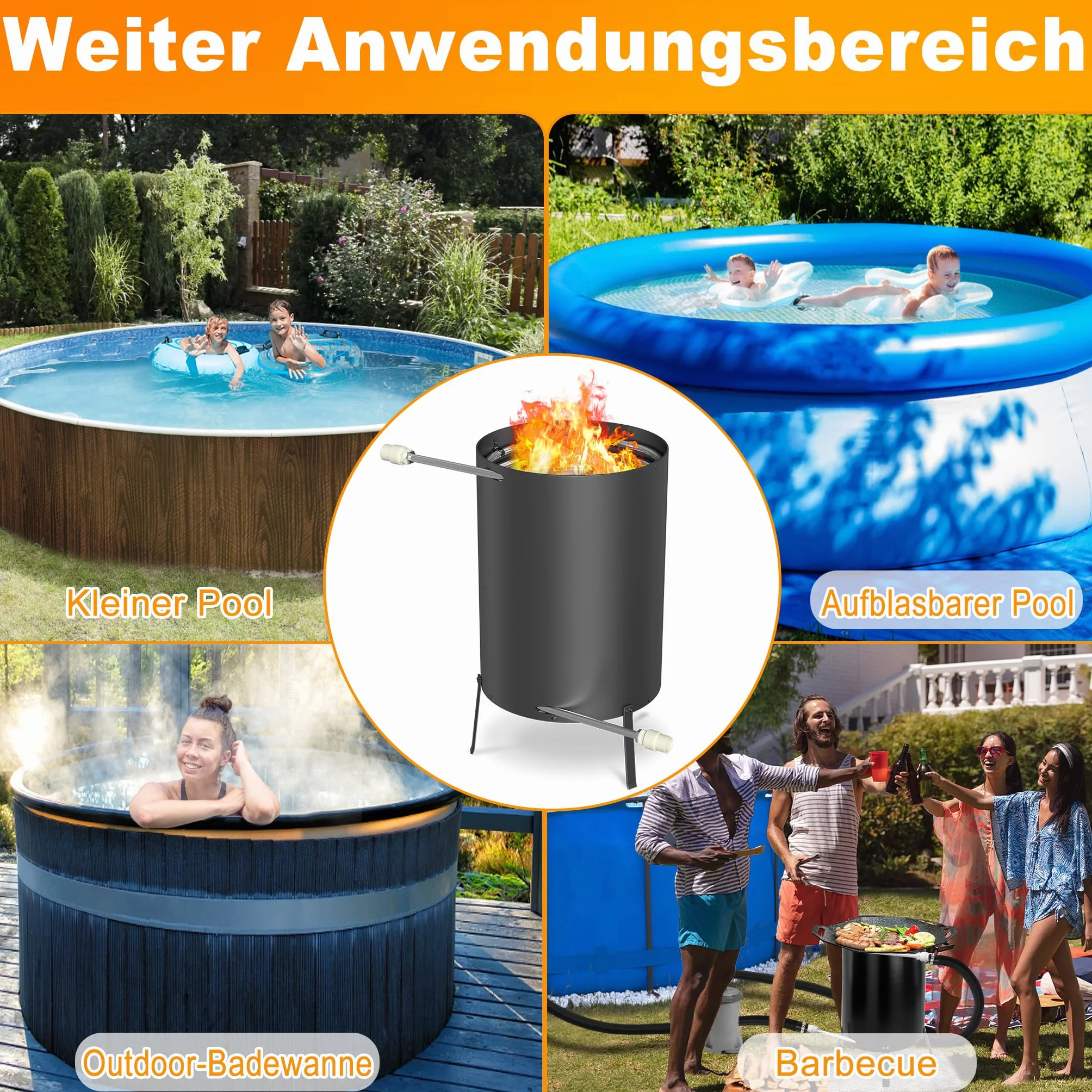 Chauffage de piscine avec feu, acier inoxydable, tonneau à bois, spirale chauffante, poêle de piscine