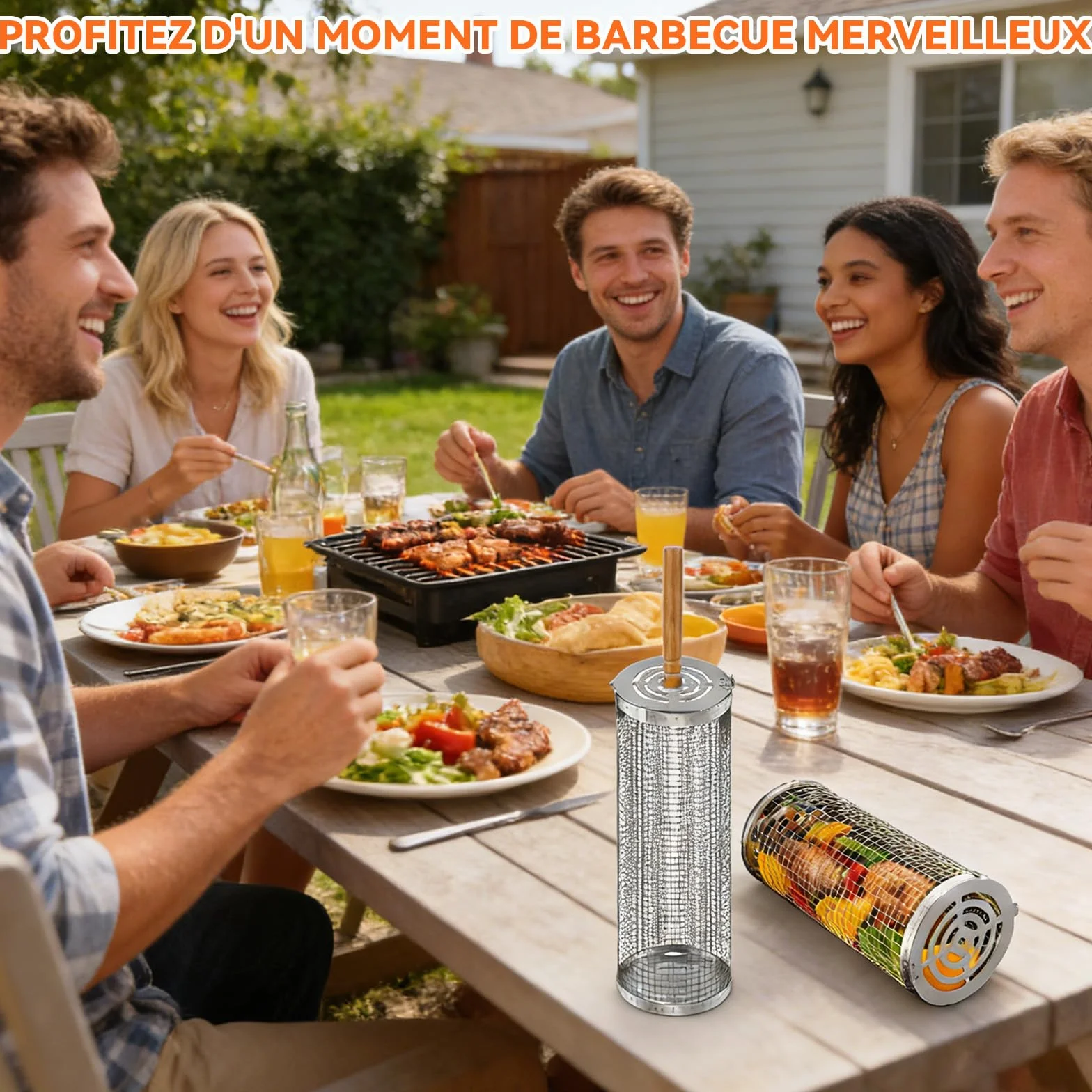 Set de Panier de Barbecue en Acier Inoxydable avec Poignée en Bois 2 Paniers Tournants Pliables 31x10cm 30x9cm