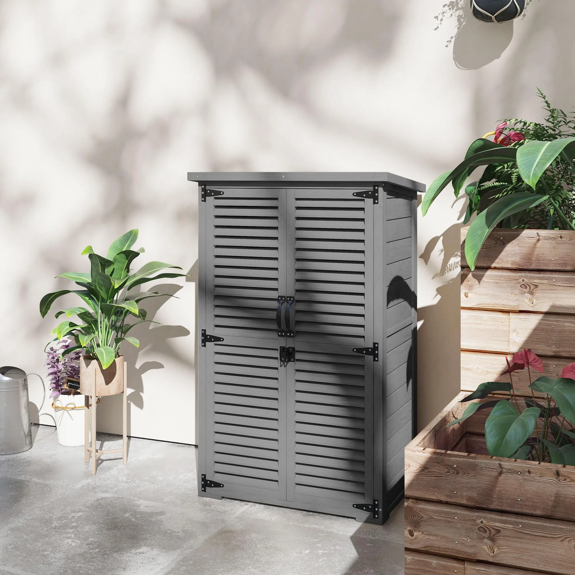 Outsunny Armoire de Jardin Remise Outils Bois 2 Étagères Toit Bitumé Portes Persiennes Verrouillable 75x50x118cm Gris