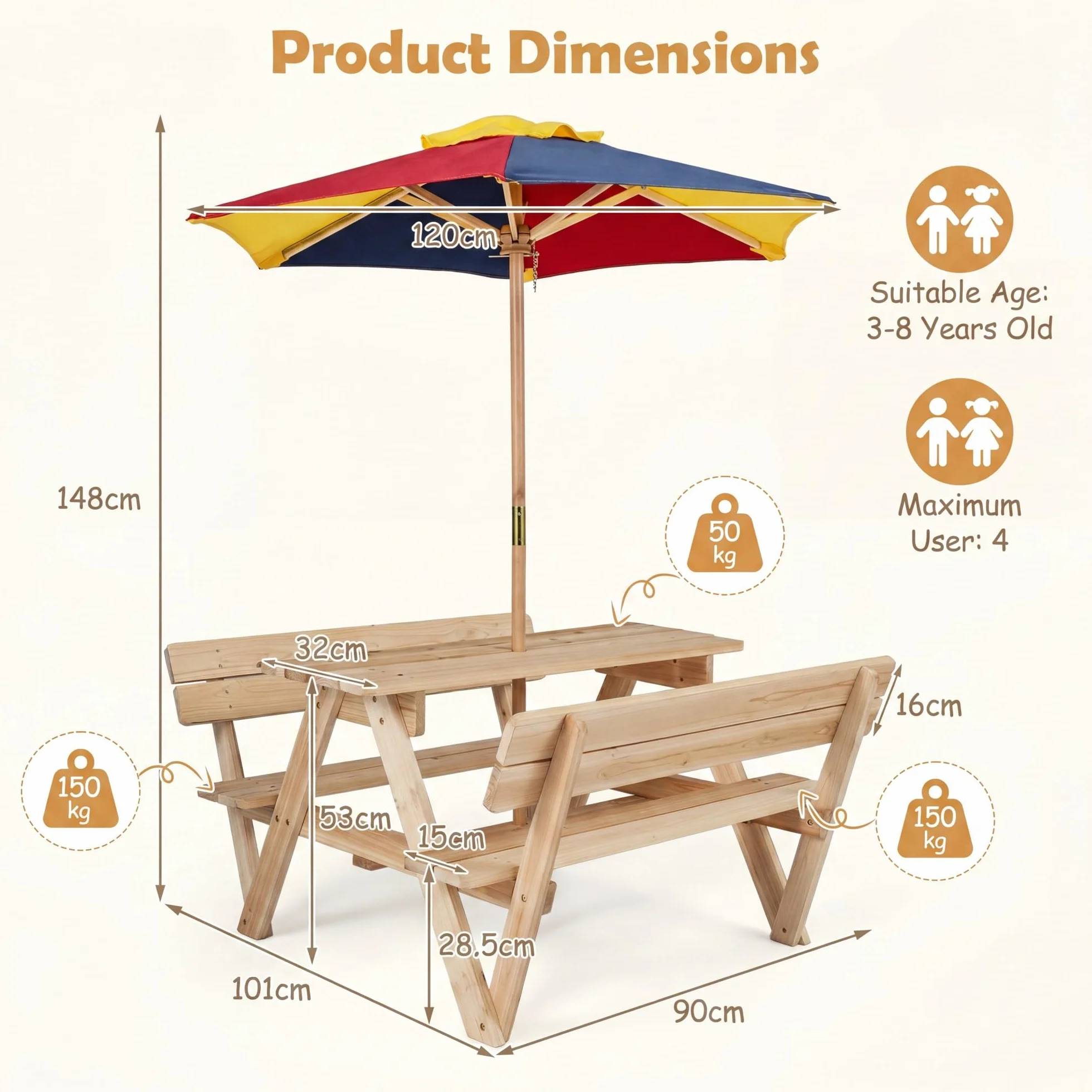 LIFEZEAL Ensemble Table Pique-Nique Enfants 3-8 Ans avec Parasol Amovible, Table et 2 Bancs Intégrés Bois Jardin