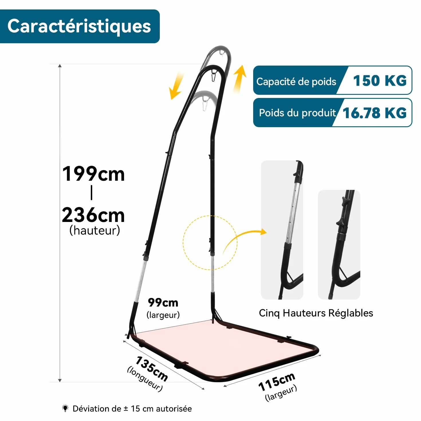 Support de chaise hamac robuste, hauteur réglable 200-230 cm, 150 kg, acier massif