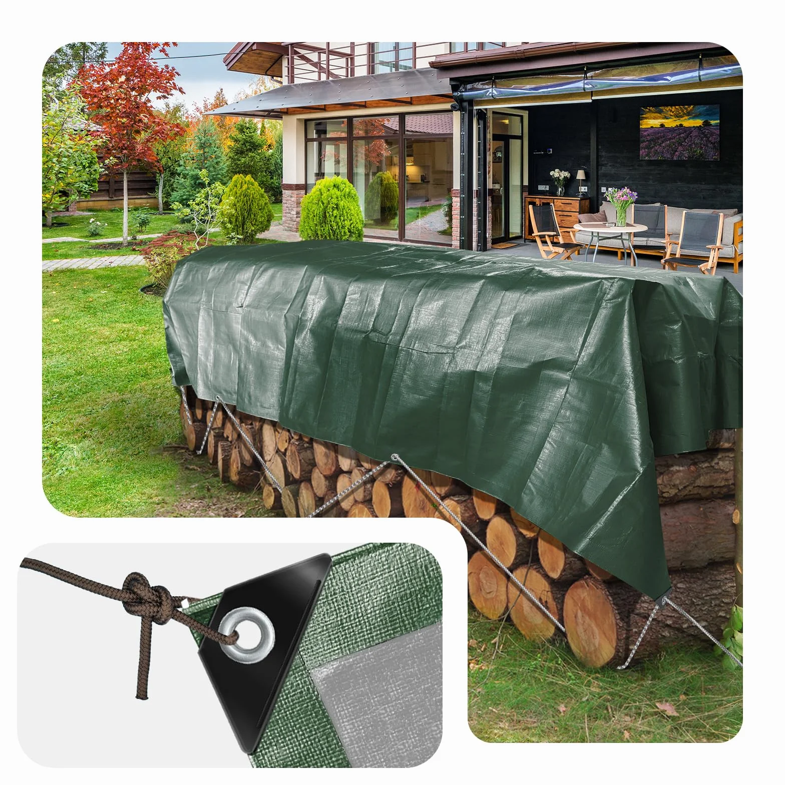 VOUNOT® Bâche de Protection en Polyéthylène 240g/m² Imperméable Ultra Lourde et Résistante Revêtue des Deux Côtés avec Oeillets en Aluminium Vert et Argent 4x6m