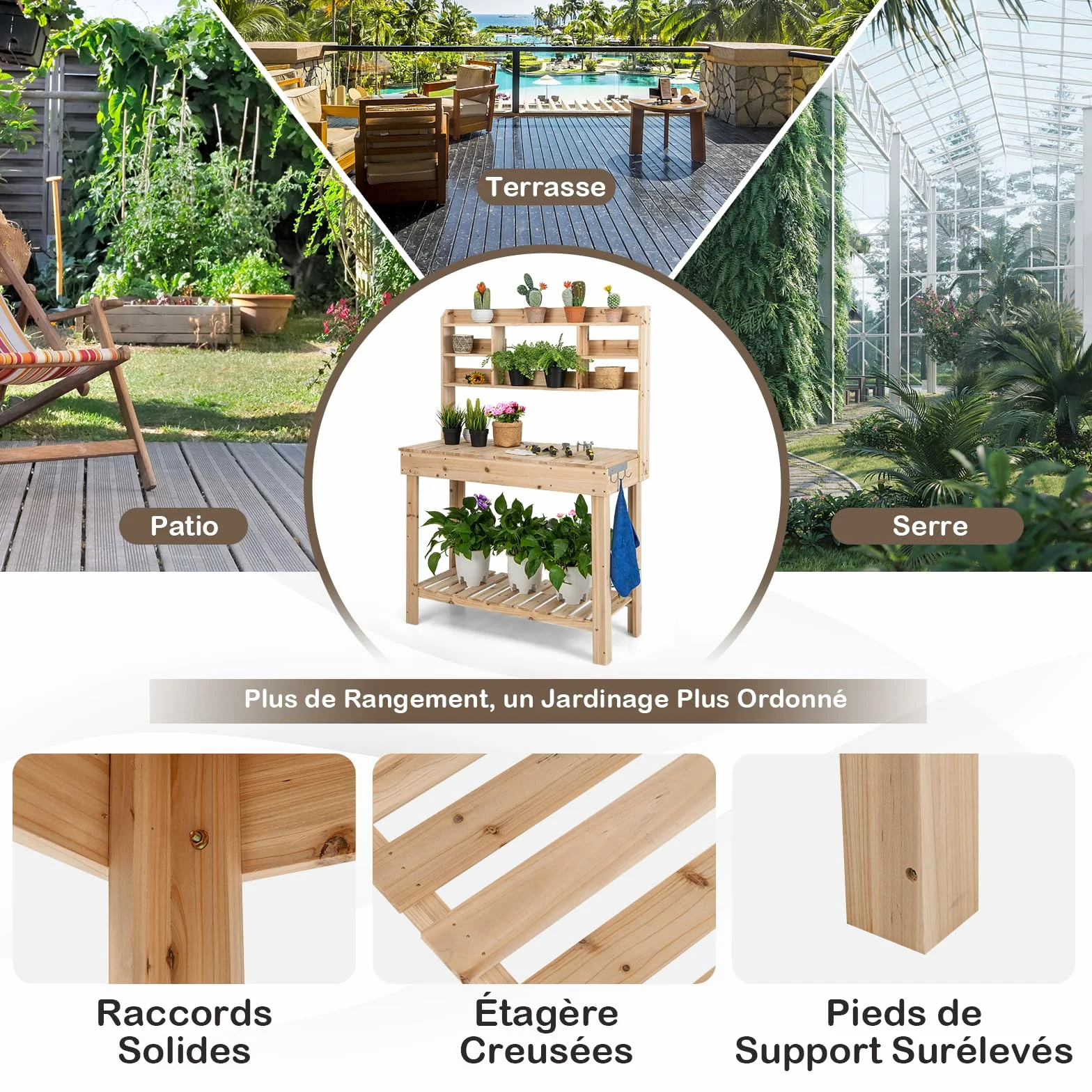 GOPLUS Table de Rempotage en Bois Plateau Ouvrable, Jardinage avec Étagères, Crochets et Tiroir, Charge 150 KG, 110 x 50 x 153 CM