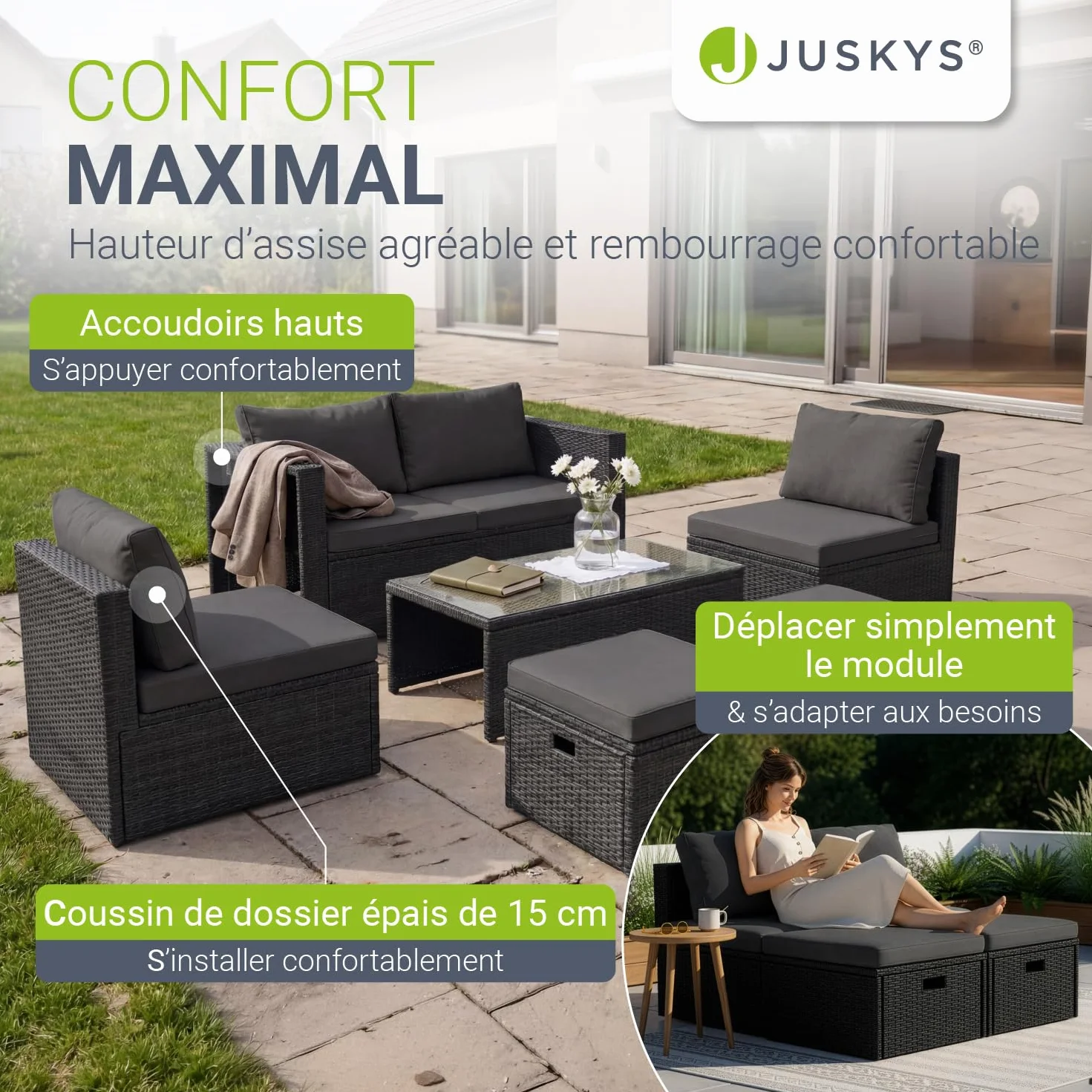 Juskys Salon de Jardin Salou polyrotin pour 6 Personnes Noir résistant aux intempéries