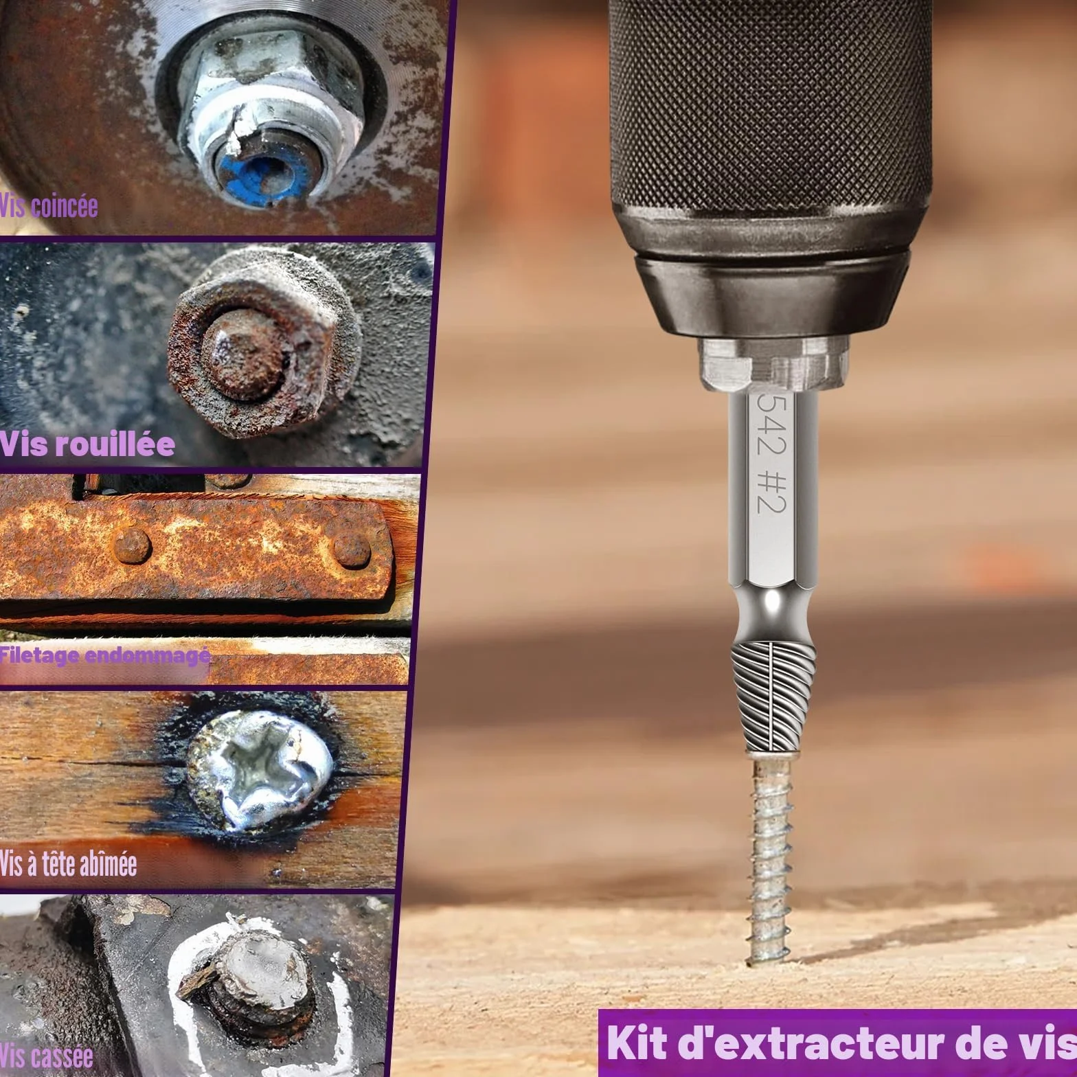 Kit Extracteur de Vis Cassée 9 Pièces HSS 6542 63-65HRC avec 3 Forets