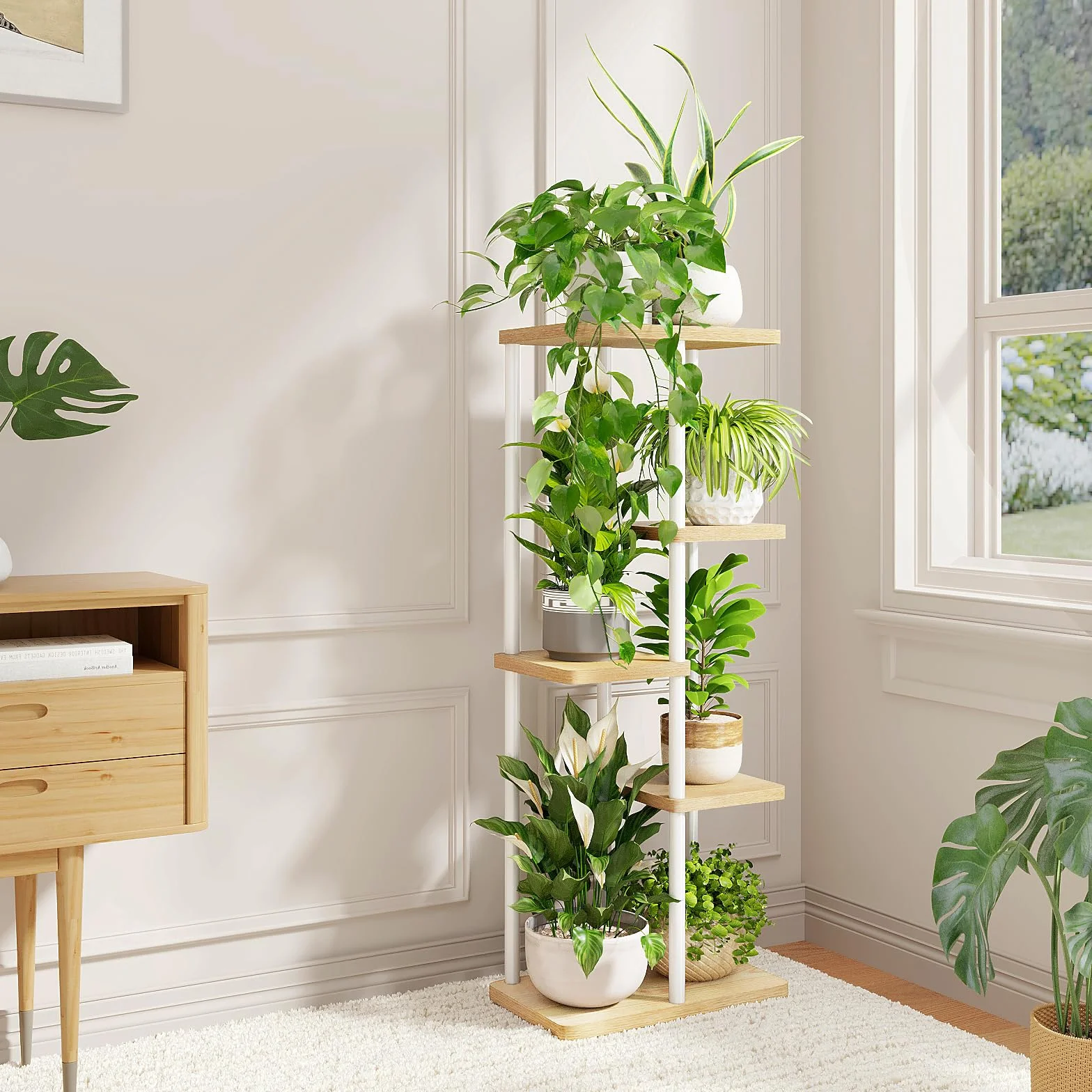 Bamworld Support Plantes Intérieur 5 Niveaux Métal Étagère à Fleurs d'Angle Blanc